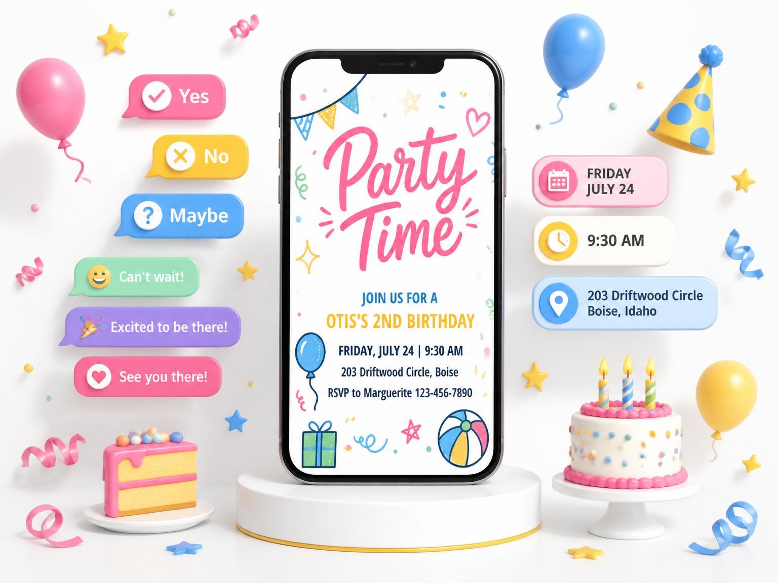 The Colorful Doodle Party 2nd Birthday Invitation invitation on a phone, with guest RSVPs arriving around it