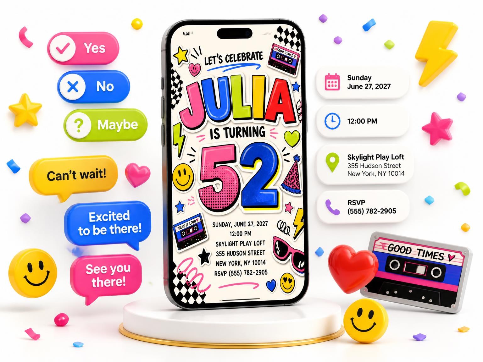 The Sticker Pop 52nd Birthday Invitation invitation on a phone, with guest RSVPs arriving around it