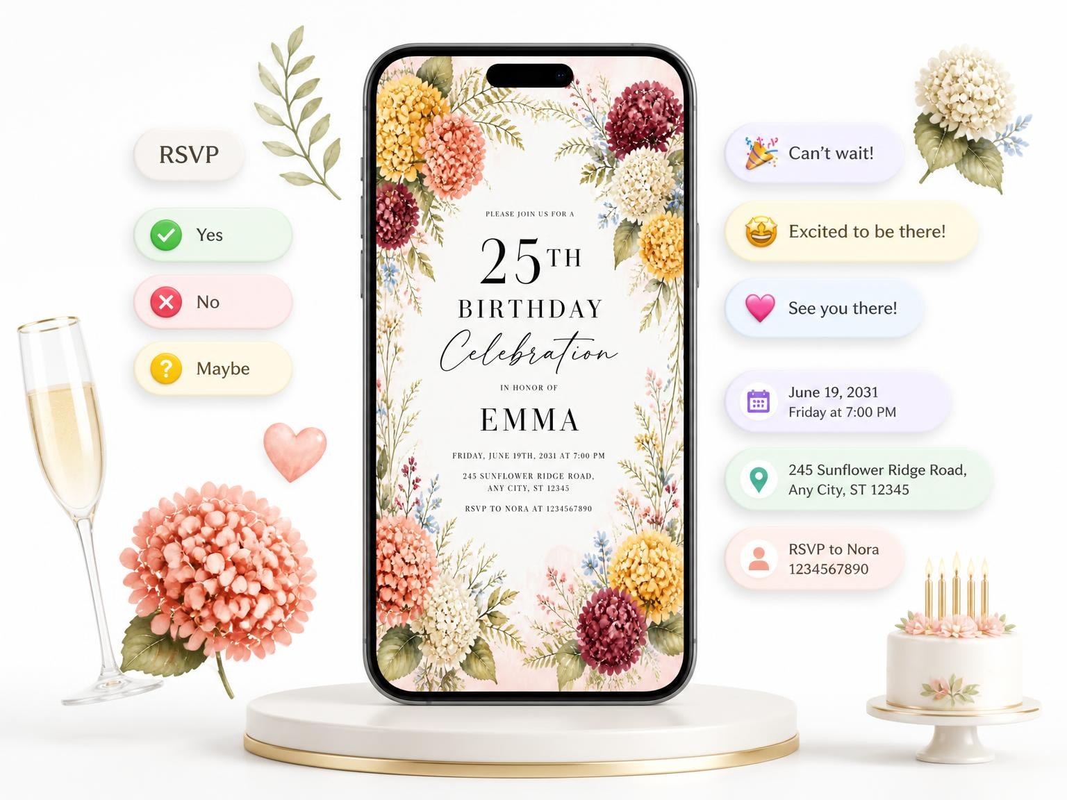 The Hydrangea Botanical Golden 25th Birthday Invitation invitation on a phone, with guest RSVPs arriving around it