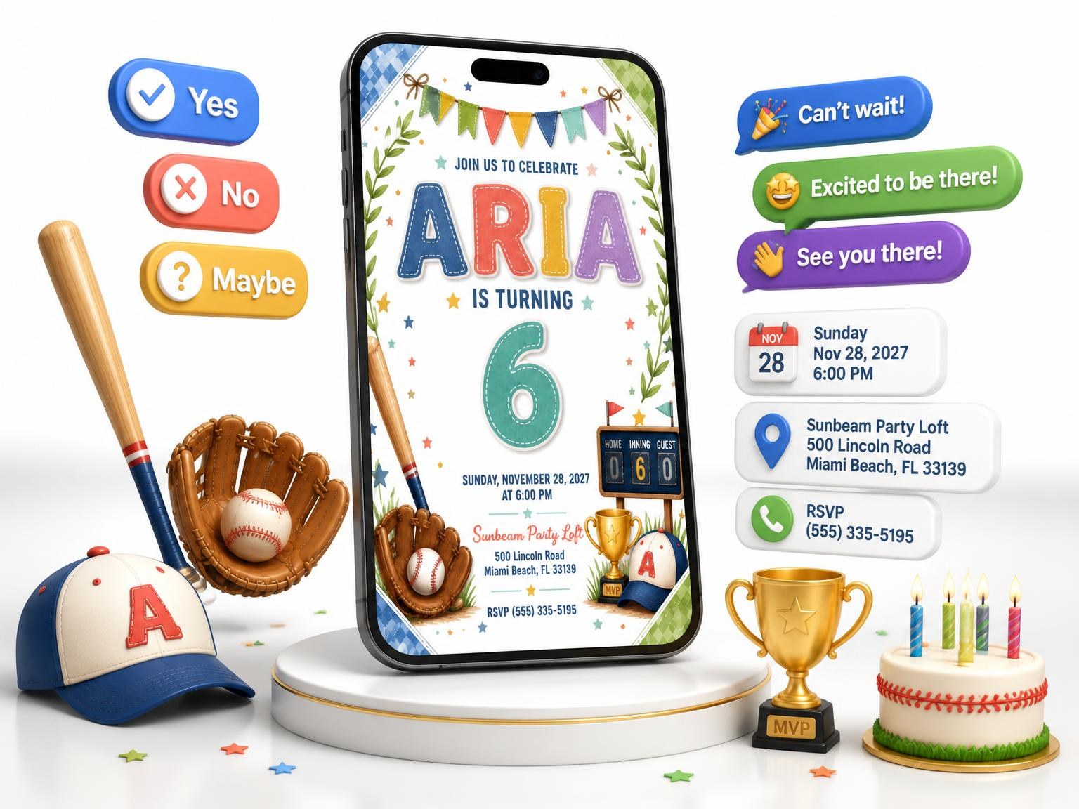 The Stitched Baseball 6th Birthday Invitation invitation on a phone, with guest RSVPs arriving around it