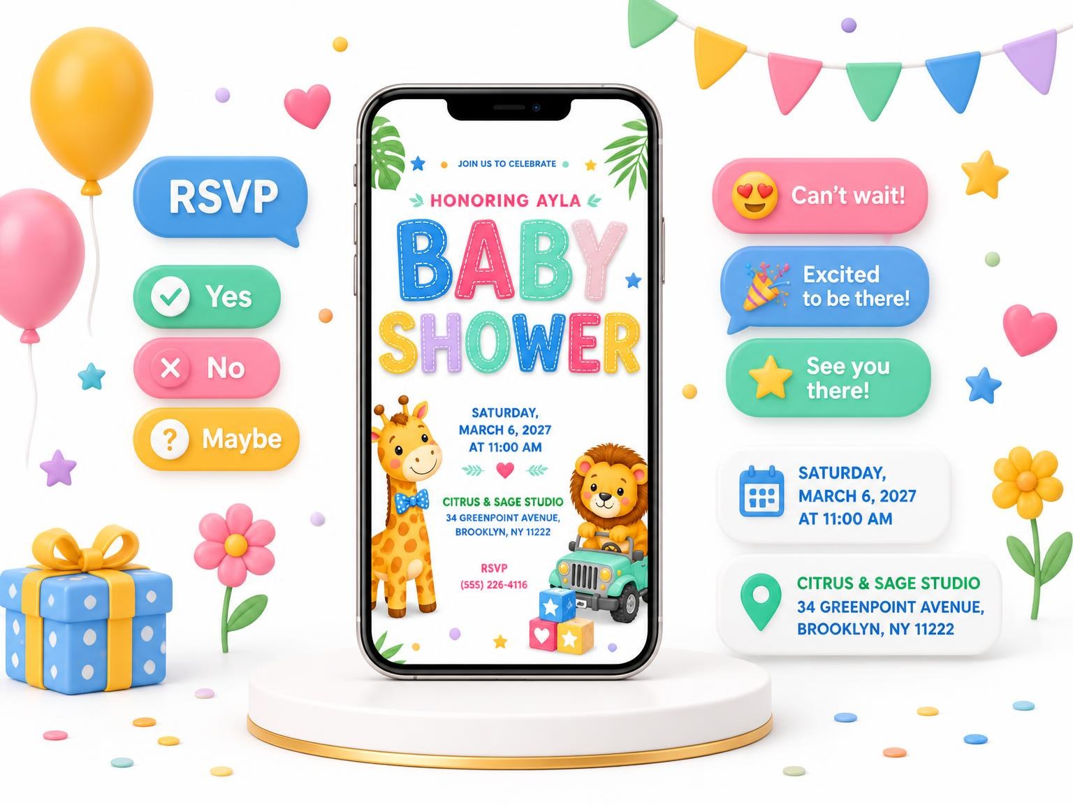 The Giraffe Baby Shower Invitation invitation on a phone, with guest RSVPs arriving around it