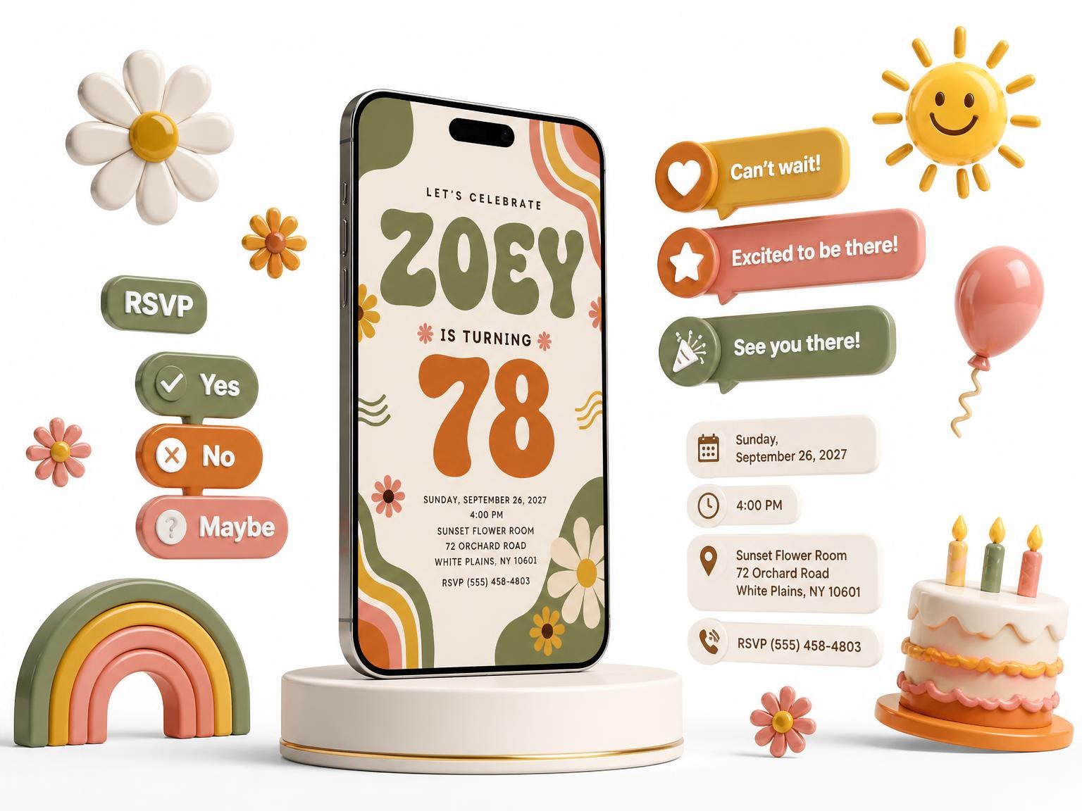 The Groovy Retro 78th Birthday Invitation invitation on a phone, with guest RSVPs arriving around it