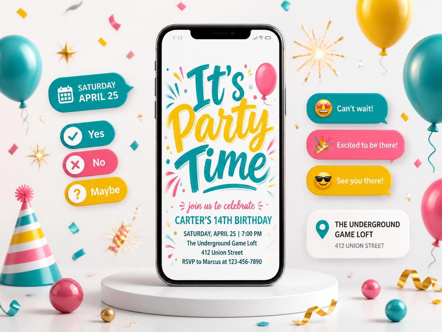 The Teal and Yellow Confetti 14th Birthday invitation on a phone, with guest RSVPs arriving around it