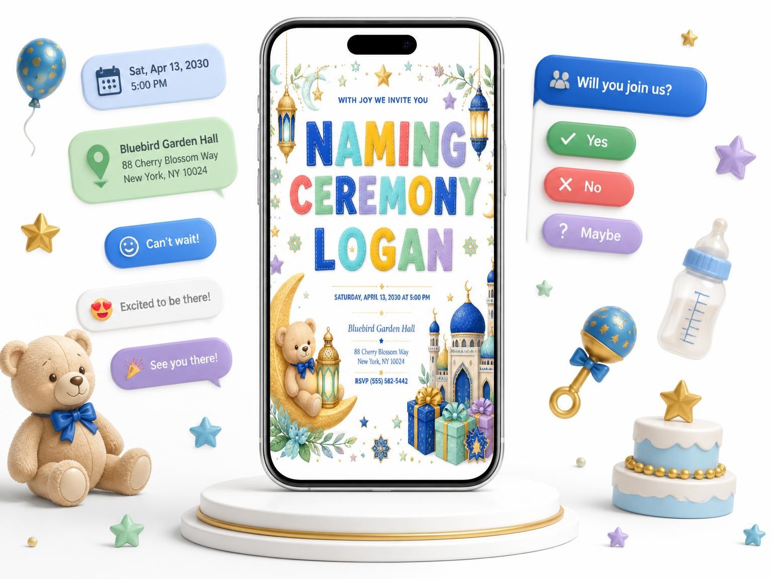The Crescent Moon Naming Ceremony Invitation invitation on a phone, with guest RSVPs arriving around it