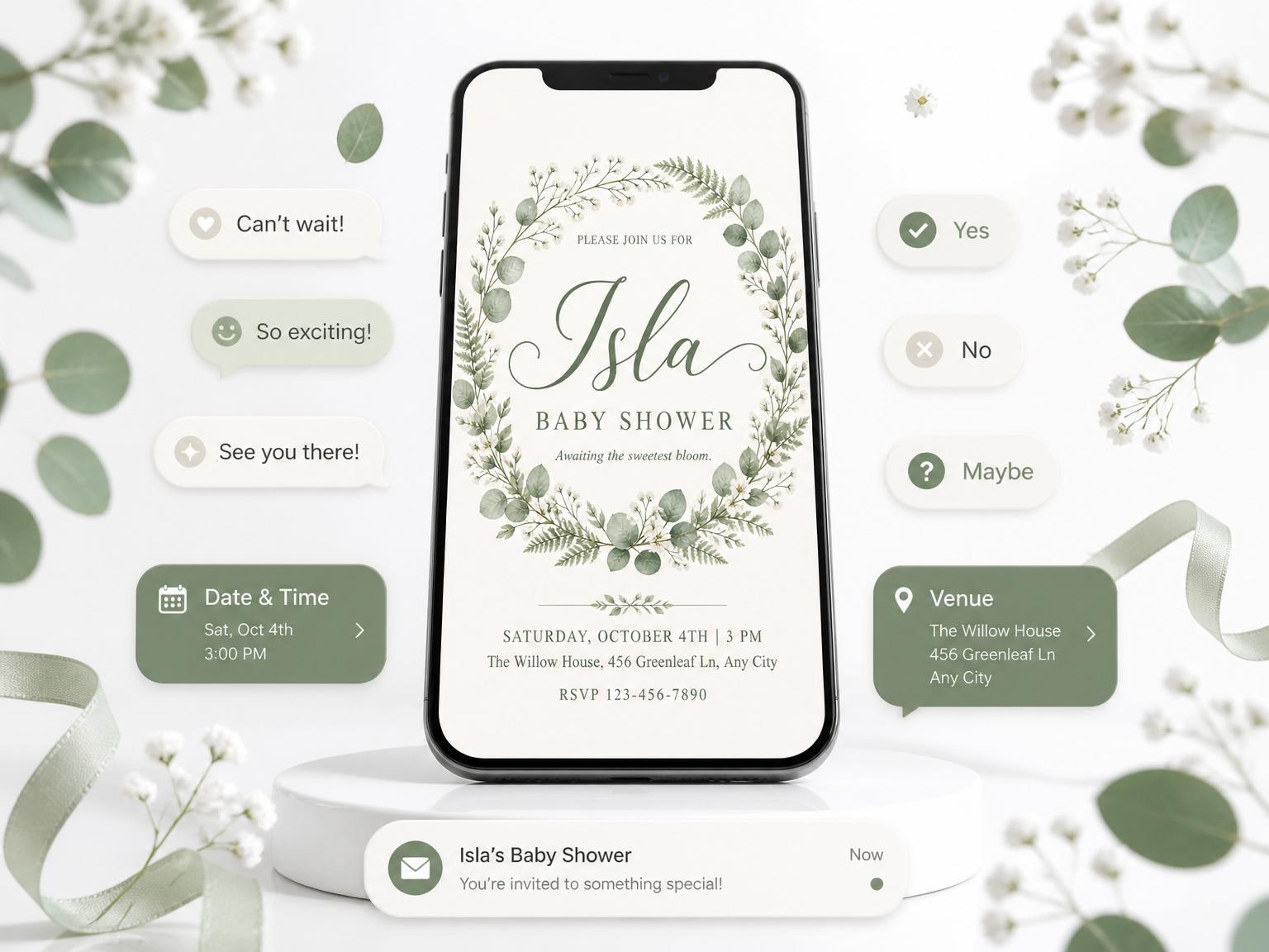The Watercolor Eucalyptus Wreath Baby Shower invitation on a phone, with guest RSVPs arriving around it