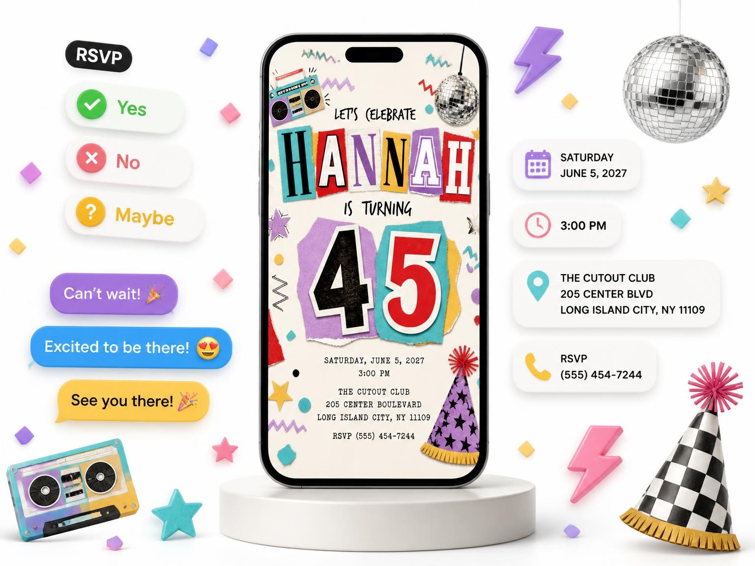 The Retro Paper Collage 45th Birthday Invitation invitation on a phone, with guest RSVPs arriving around it