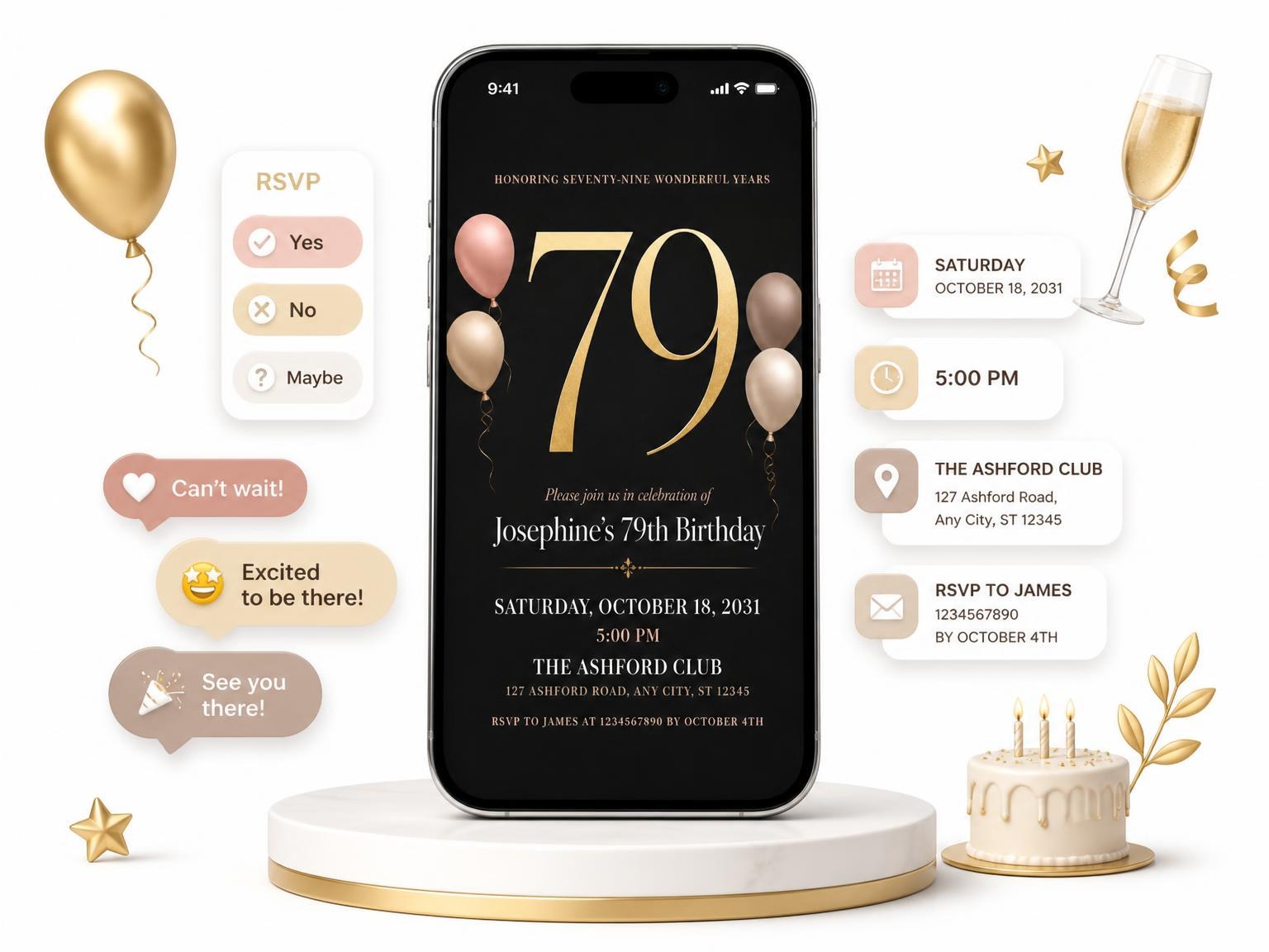 The Charcoal and Blush 79th Birthday Invitation invitation on a phone, with guest RSVPs arriving around it