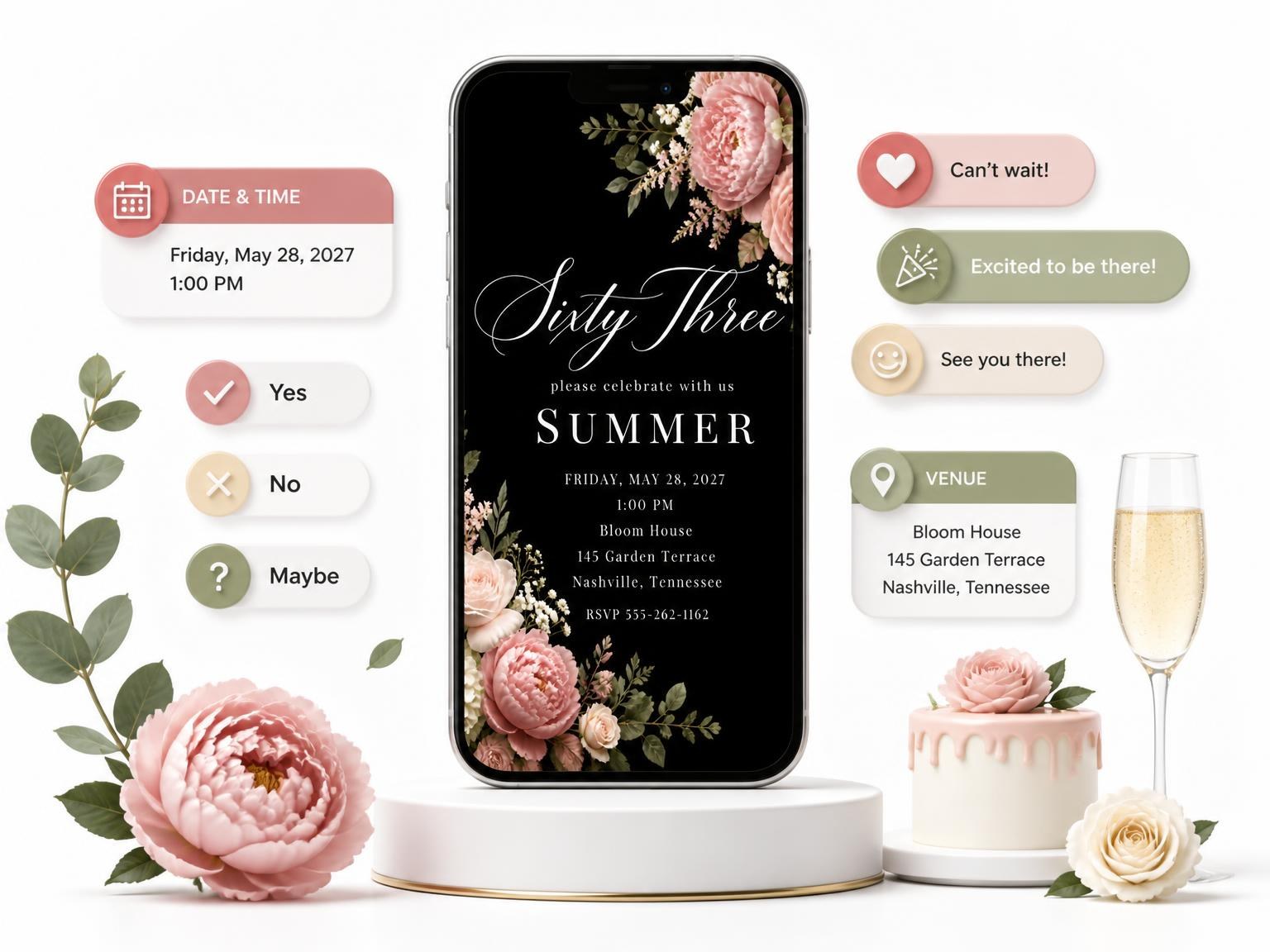 The Black Floral 63rd Birthday Invitation invitation on a phone, with guest RSVPs arriving around it