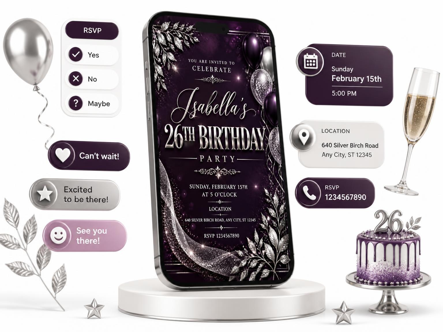 The Plum and Silver 26th Birthday Invitation invitation on a phone, with guest RSVPs arriving around it