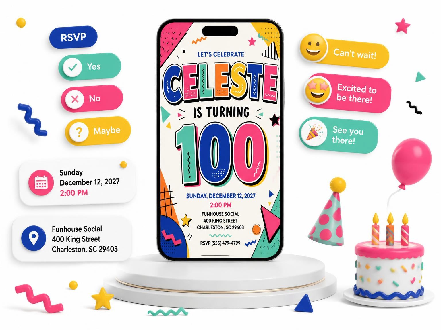 The Memphis Pop 100th Birthday Invitation invitation on a phone, with guest RSVPs arriving around it
