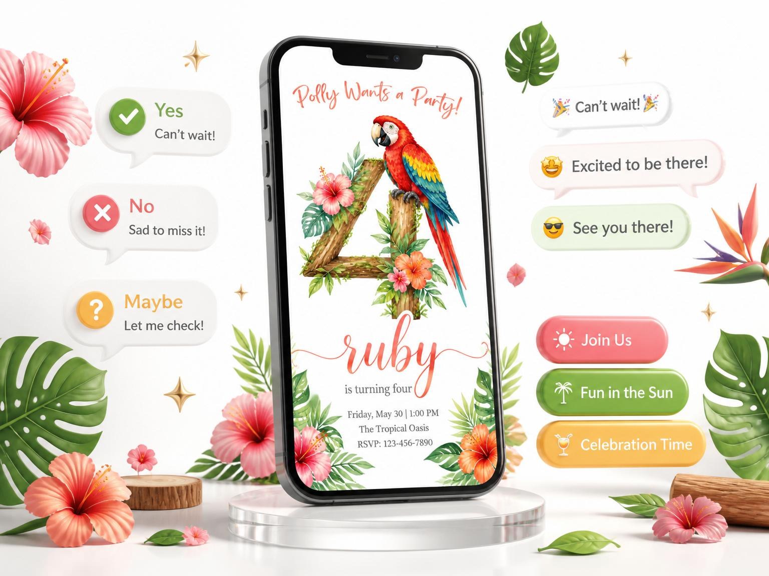 The Watercolor Parrot Hibiscus 4th Birthday Invitation invitation on a phone, with guest RSVPs arriving around it