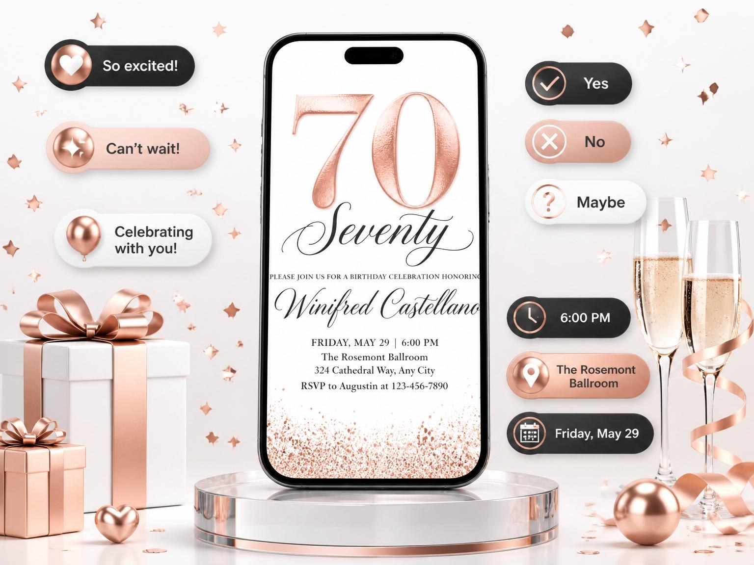 The Rose Gold Foil 70th Birthday invitation on a phone, with guest RSVPs arriving around it