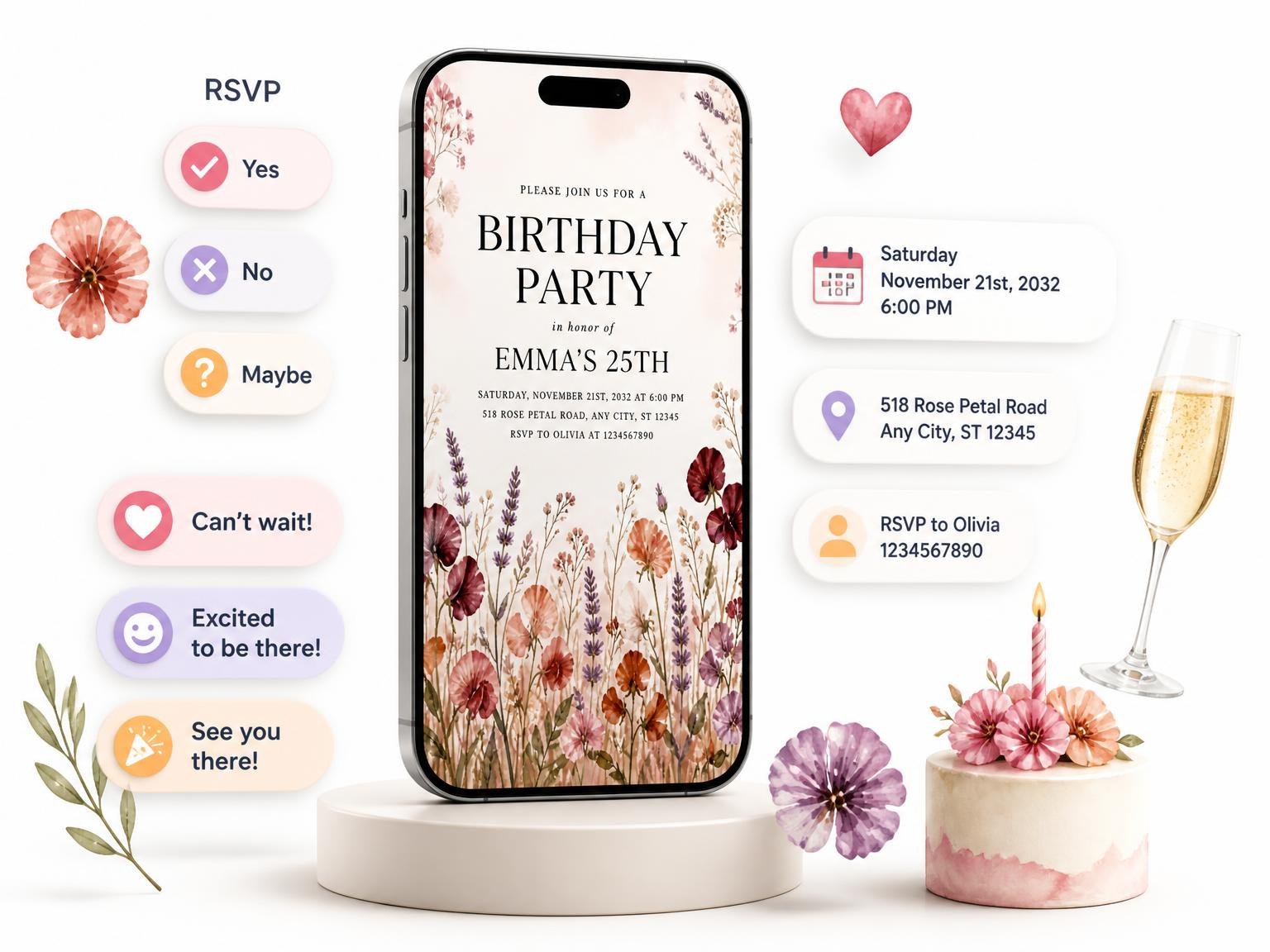 The Botanical Wildflower Autumn 25th Birthday Invitation invitation on a phone, with guest RSVPs arriving around it