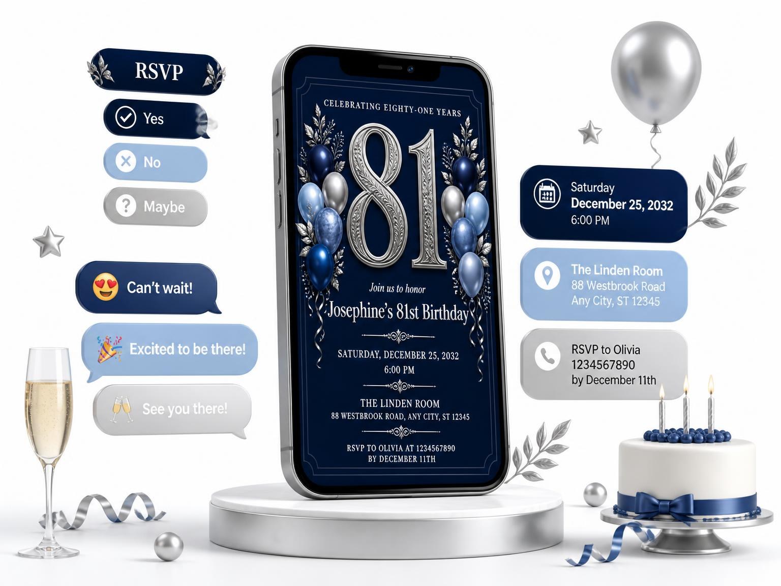 The Navy and Silver 81st Birthday Invitation invitation on a phone, with guest RSVPs arriving around it