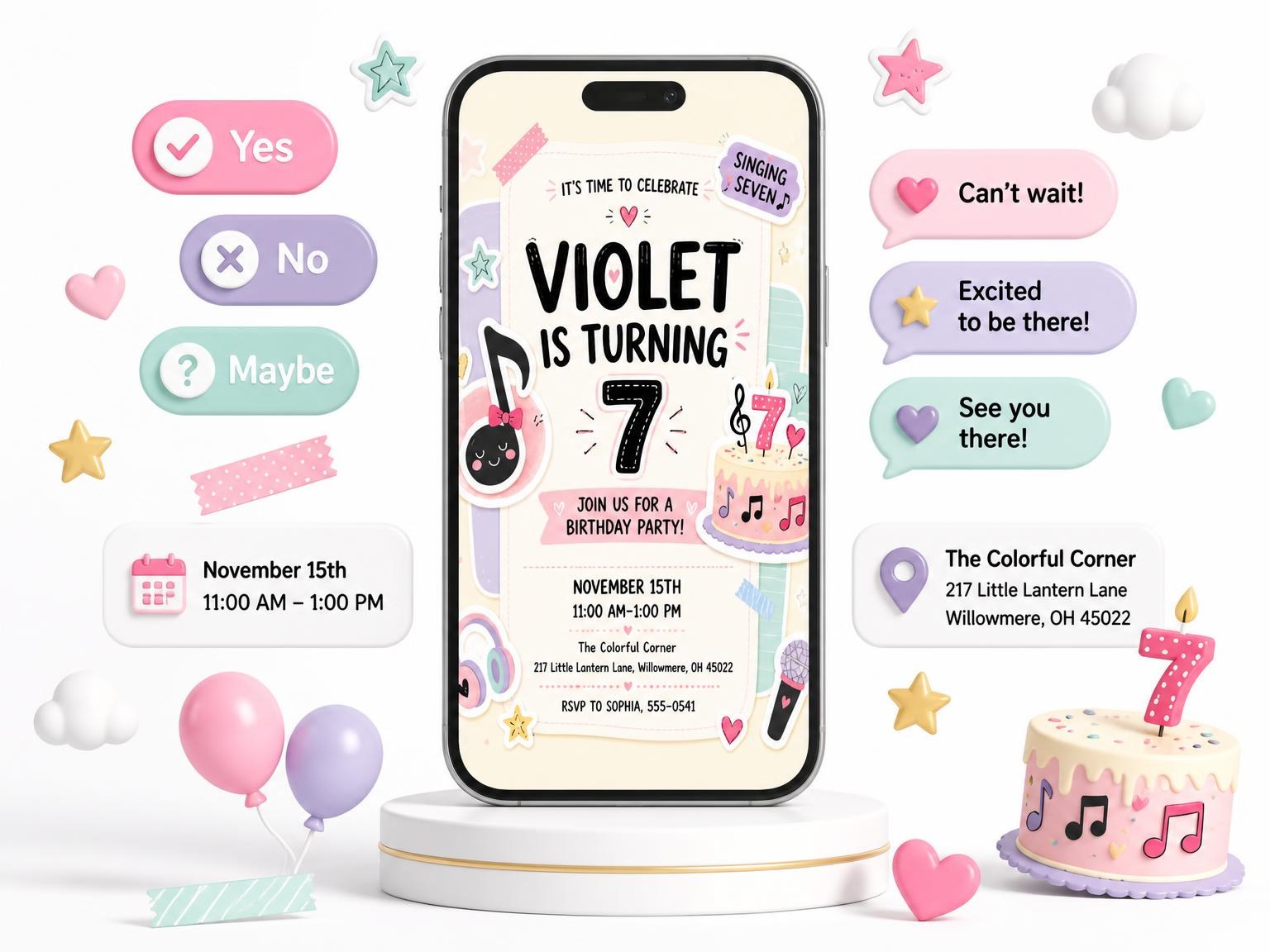 The Musical Note Pastel 7th Birthday Invitation invitation on a phone, with guest RSVPs arriving around it