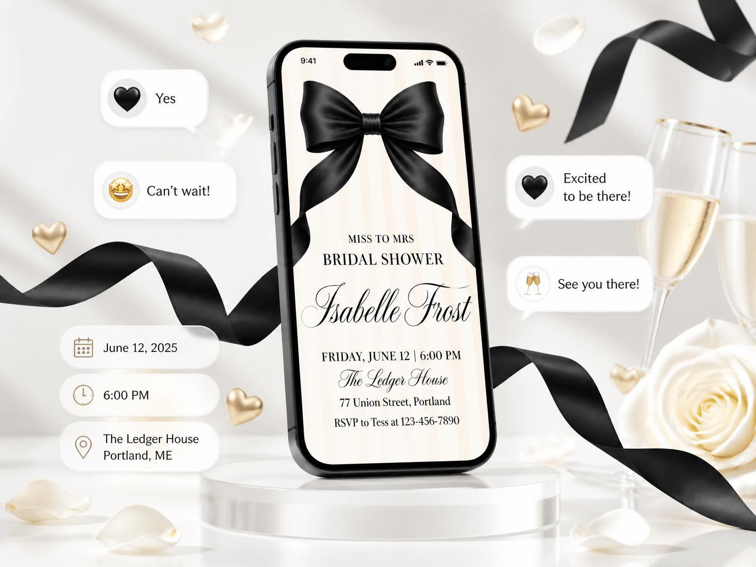 The Cream Pinstripe Black Bow Bridal Shower invitation on a phone, with guest RSVPs arriving around it