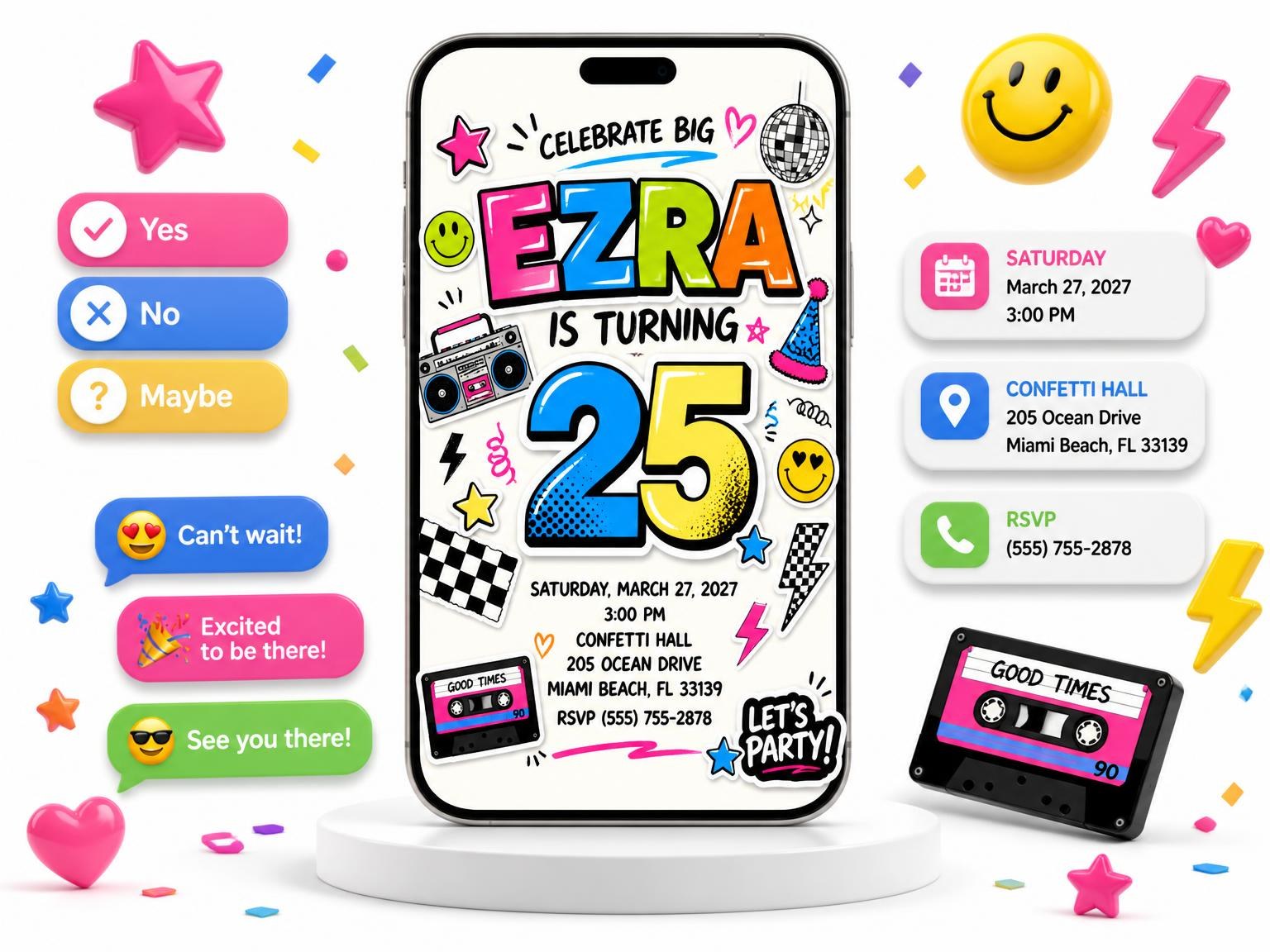 The Sticker Pop 25th Birthday Invitation invitation on a phone, with guest RSVPs arriving around it