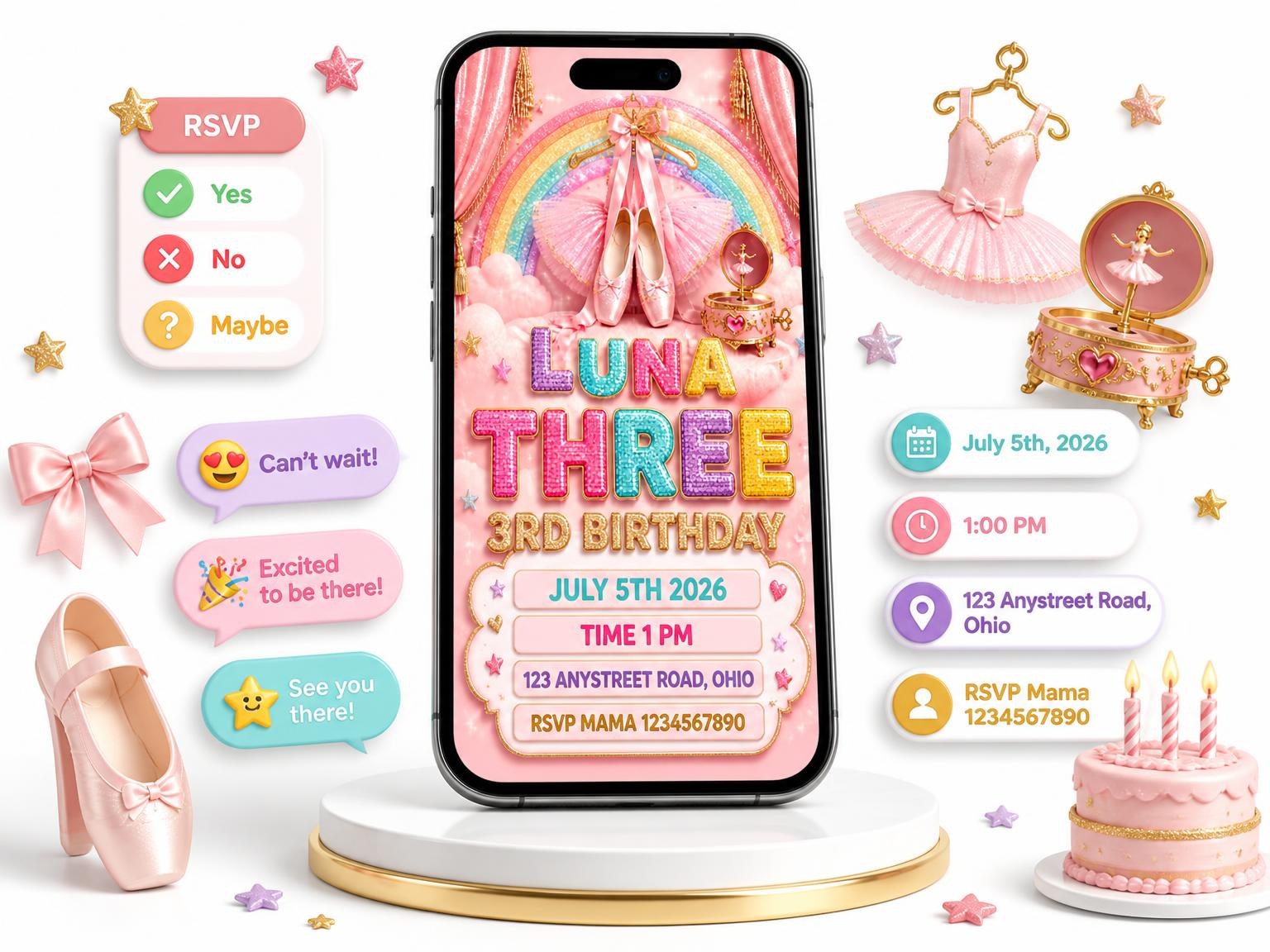 The Glitter Ballet 3rd Birthday Invitation invitation on a phone, with guest RSVPs arriving around it