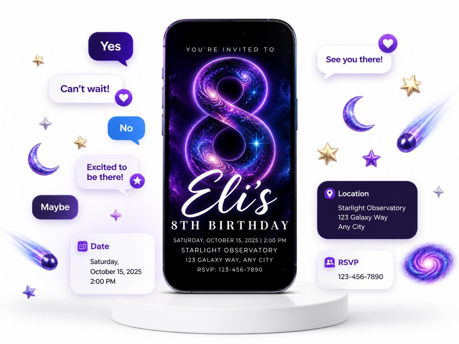The Nebula Galaxy 8th Birthday Invitation invitation on a phone, with guest RSVPs arriving around it
