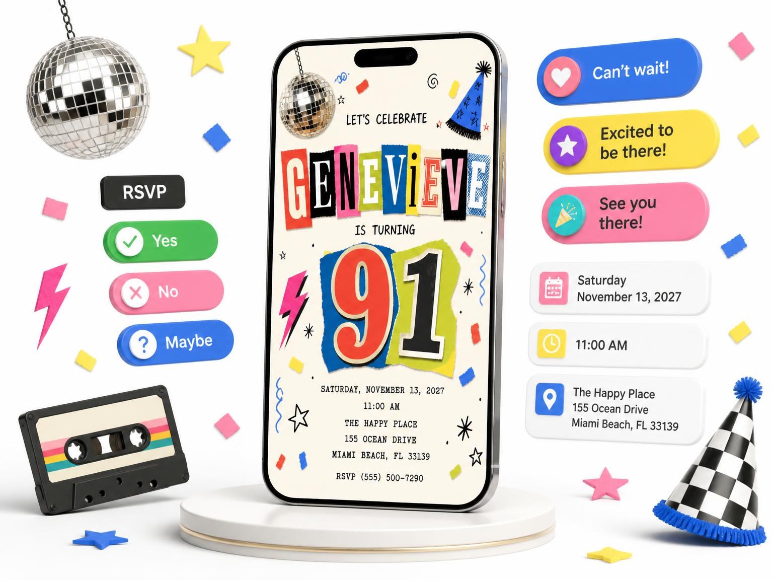 The Retro Paper Collage 91st Birthday Invitation invitation on a phone, with guest RSVPs arriving around it