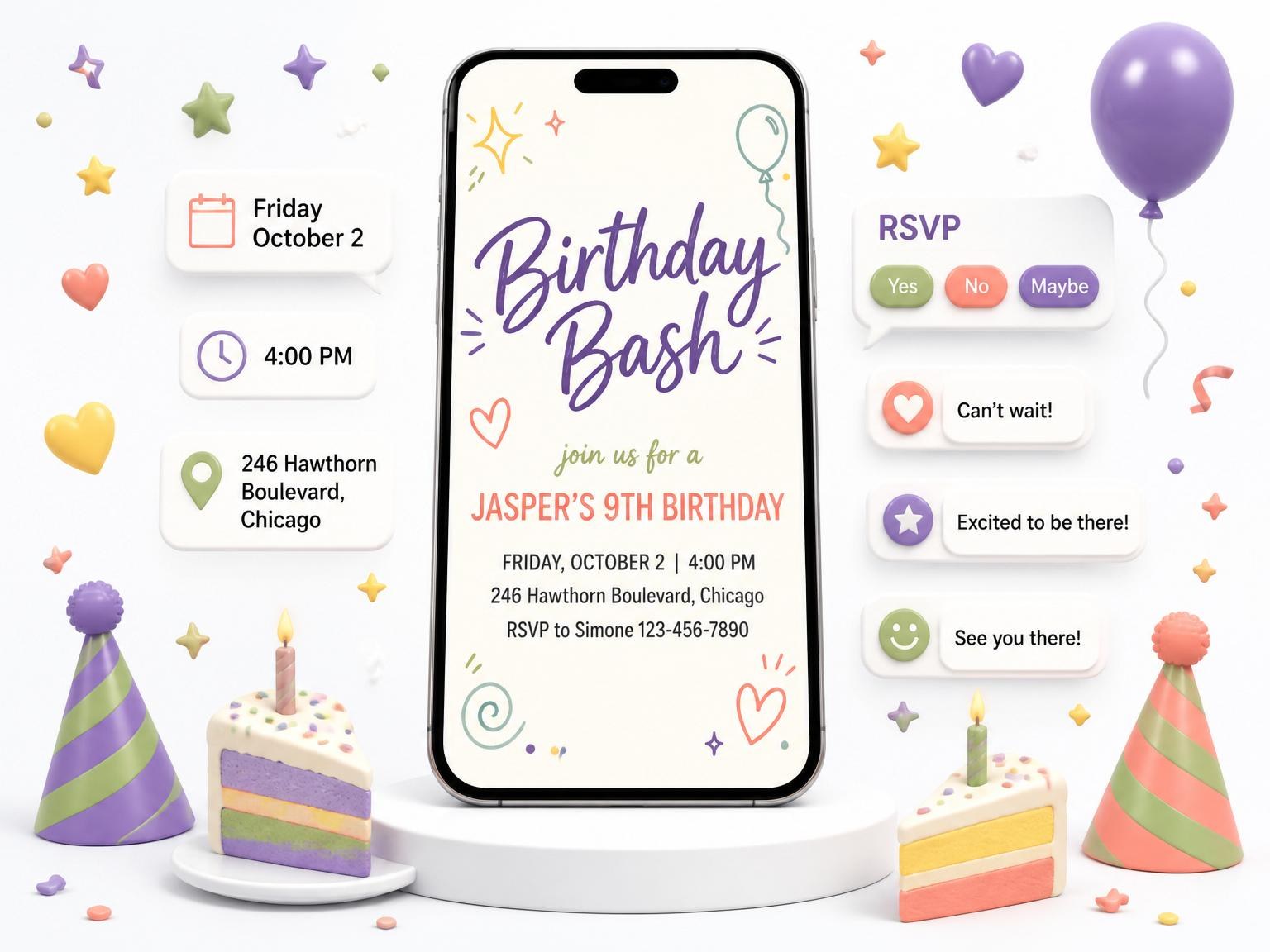 The Cream Pastel Doodle 9th Birthday Invitation invitation on a phone, with guest RSVPs arriving around it
