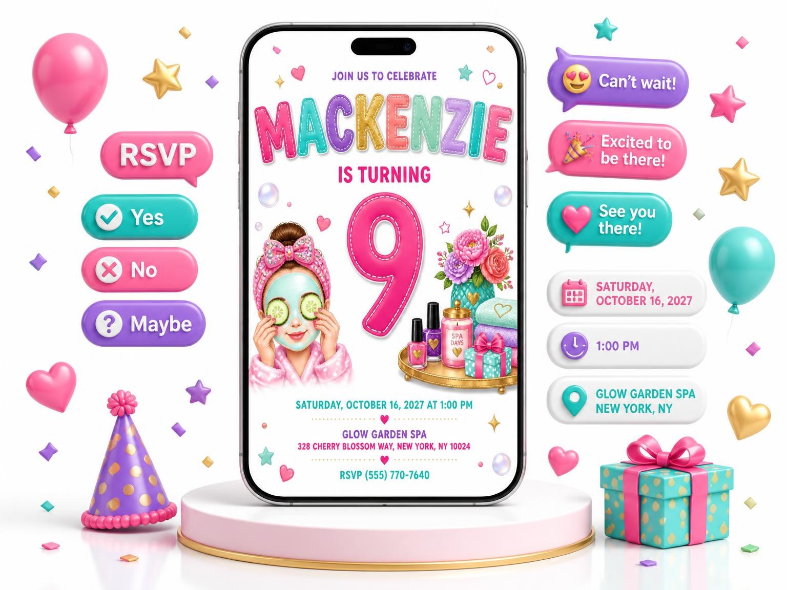 The Fabric Patches Stitched 9th Birthday Invitation invitation on a phone, with guest RSVPs arriving around it