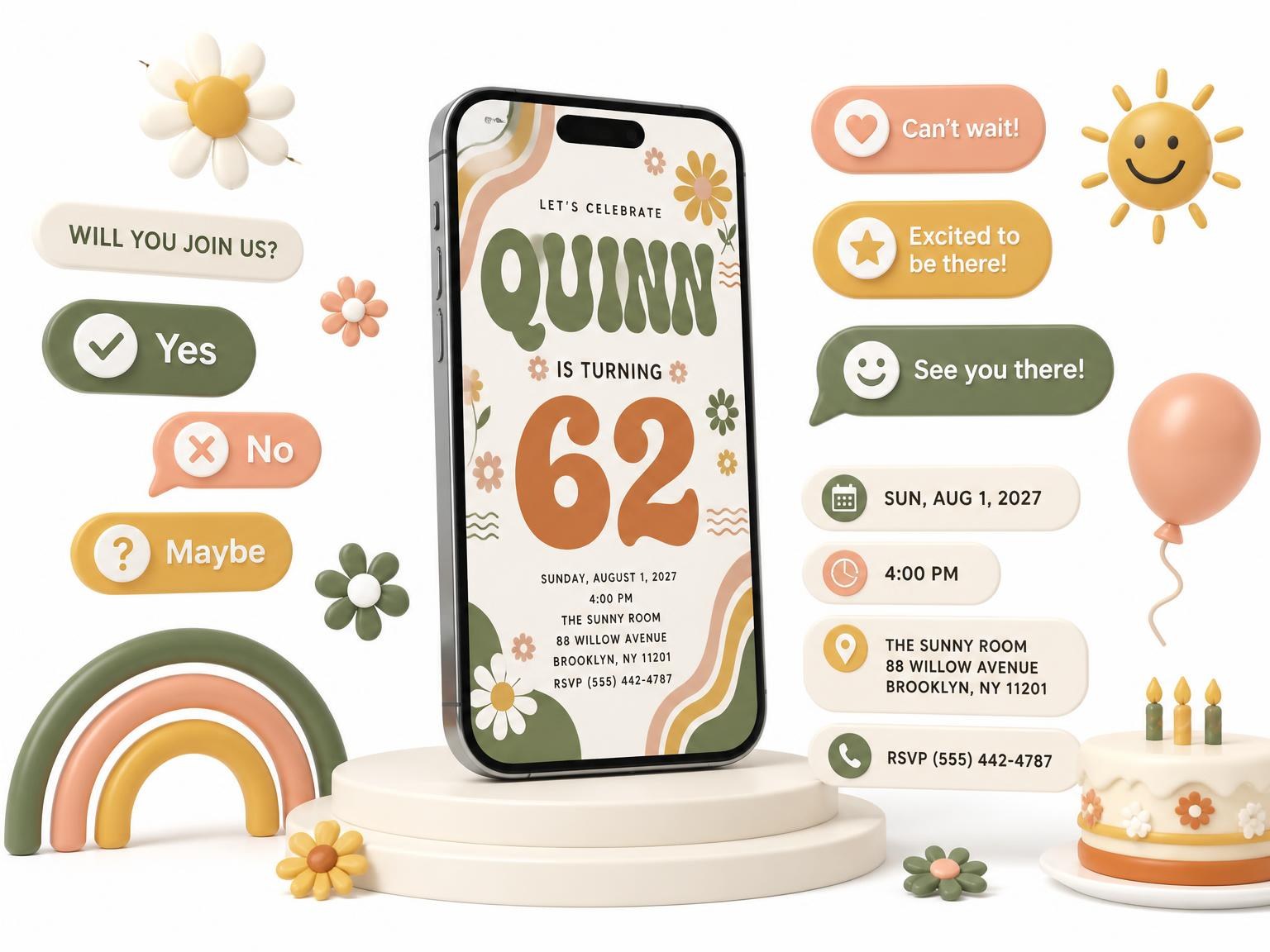The Groovy Retro 62nd Birthday Invitation invitation on a phone, with guest RSVPs arriving around it