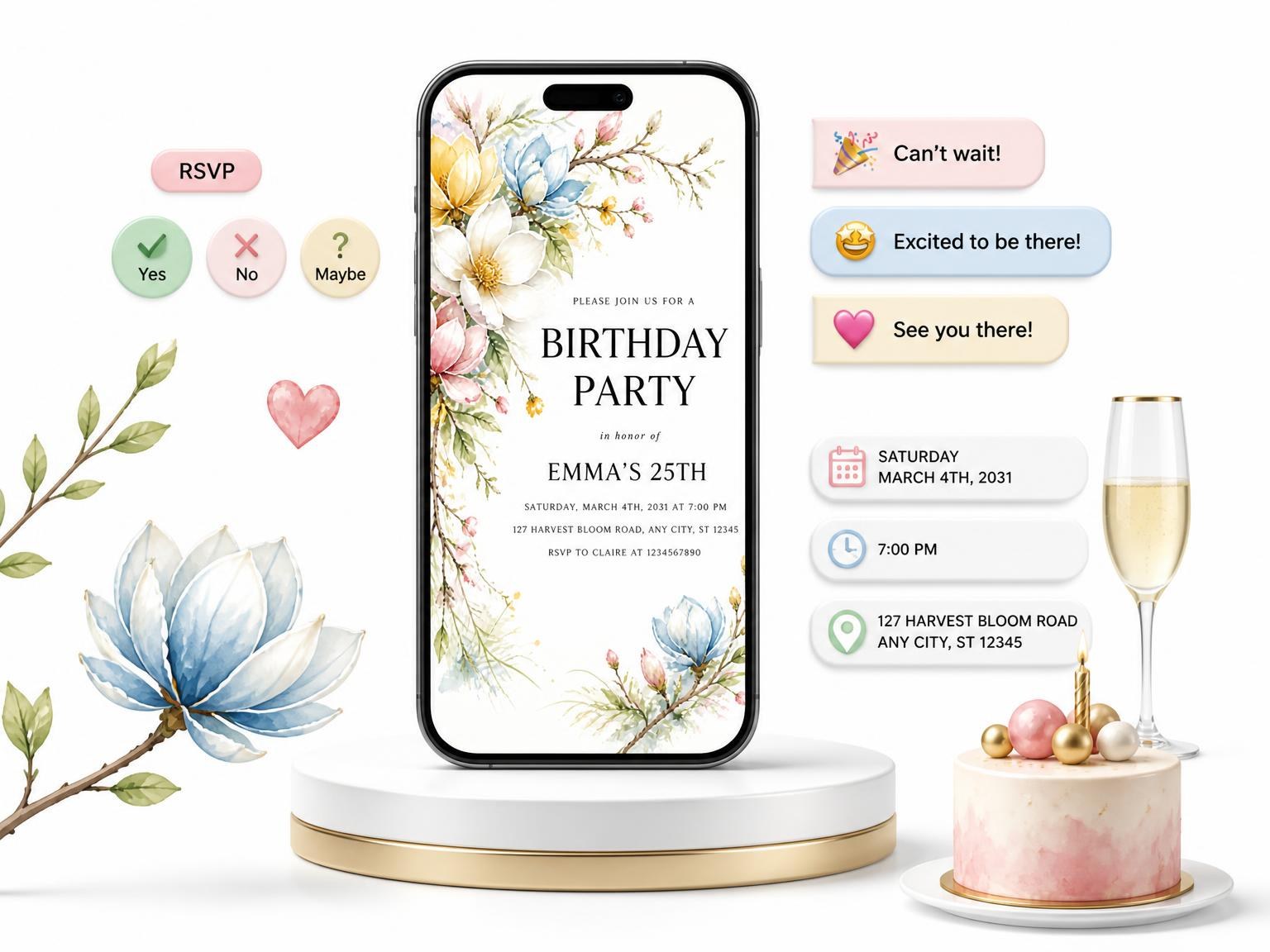 The Spring Magnolia Branch 25th Birthday Invitation invitation on a phone, with guest RSVPs arriving around it