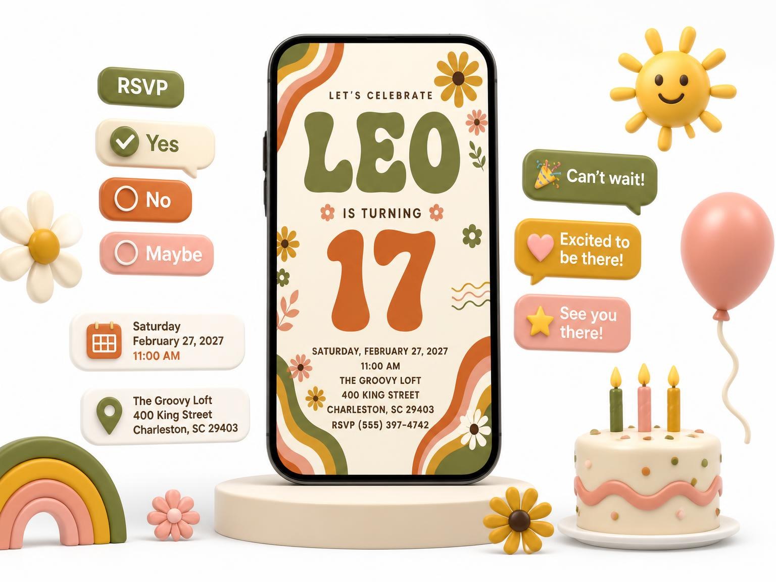 The Groovy Retro 17th Birthday Invitation invitation on a phone, with guest RSVPs arriving around it