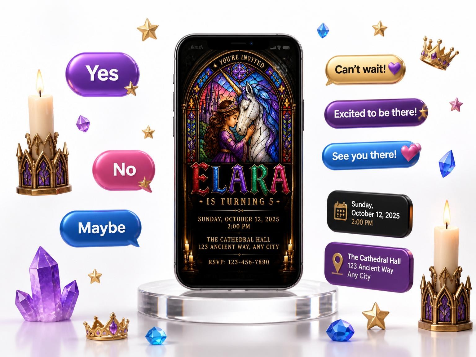 The Stained Glass Unicorn Princess 5th Birthday Invitation invitation on a phone, with guest RSVPs arriving around it