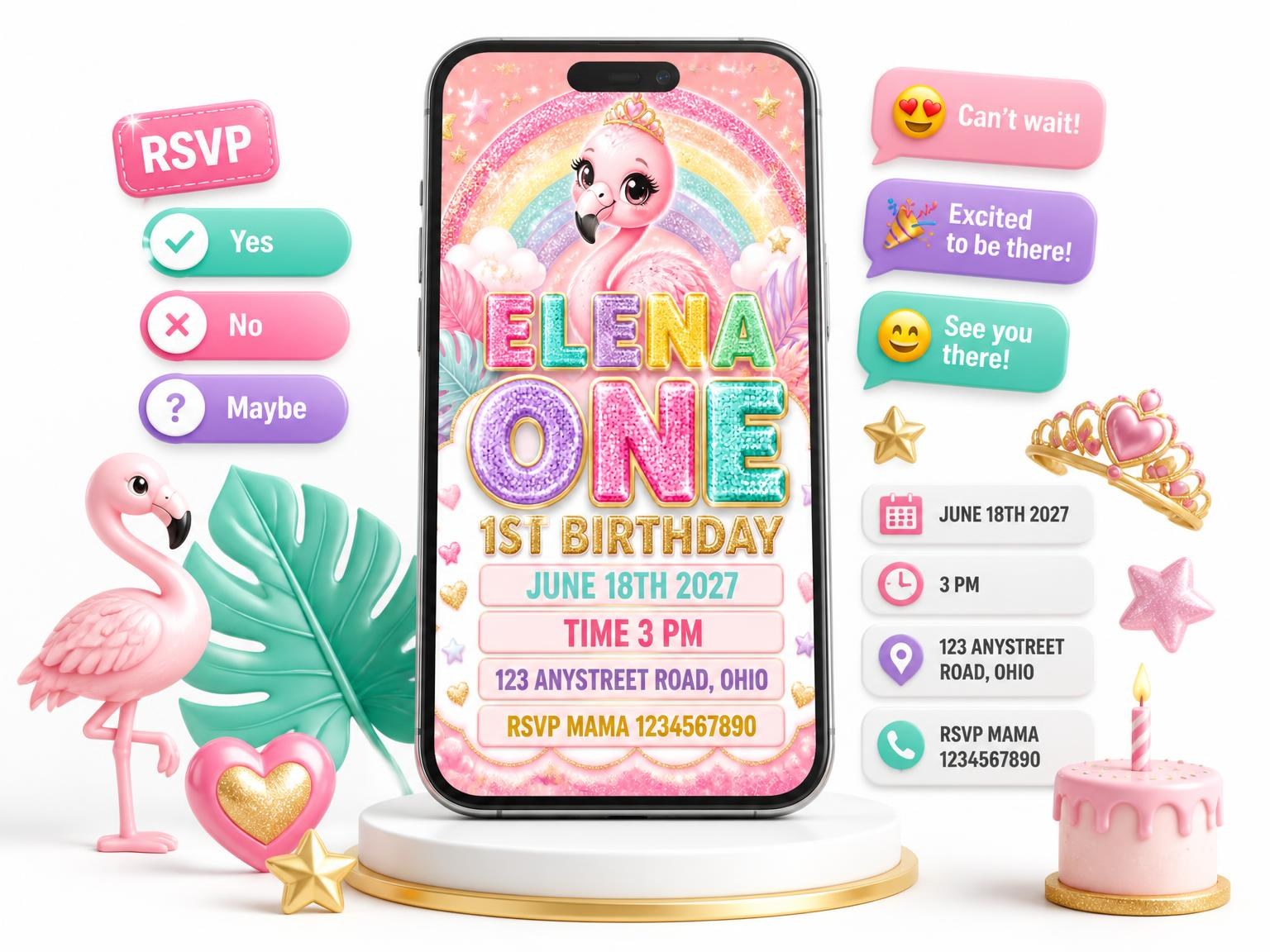 The Glitter Flamingo 1st Birthday Invitation invitation on a phone, with guest RSVPs arriving around it