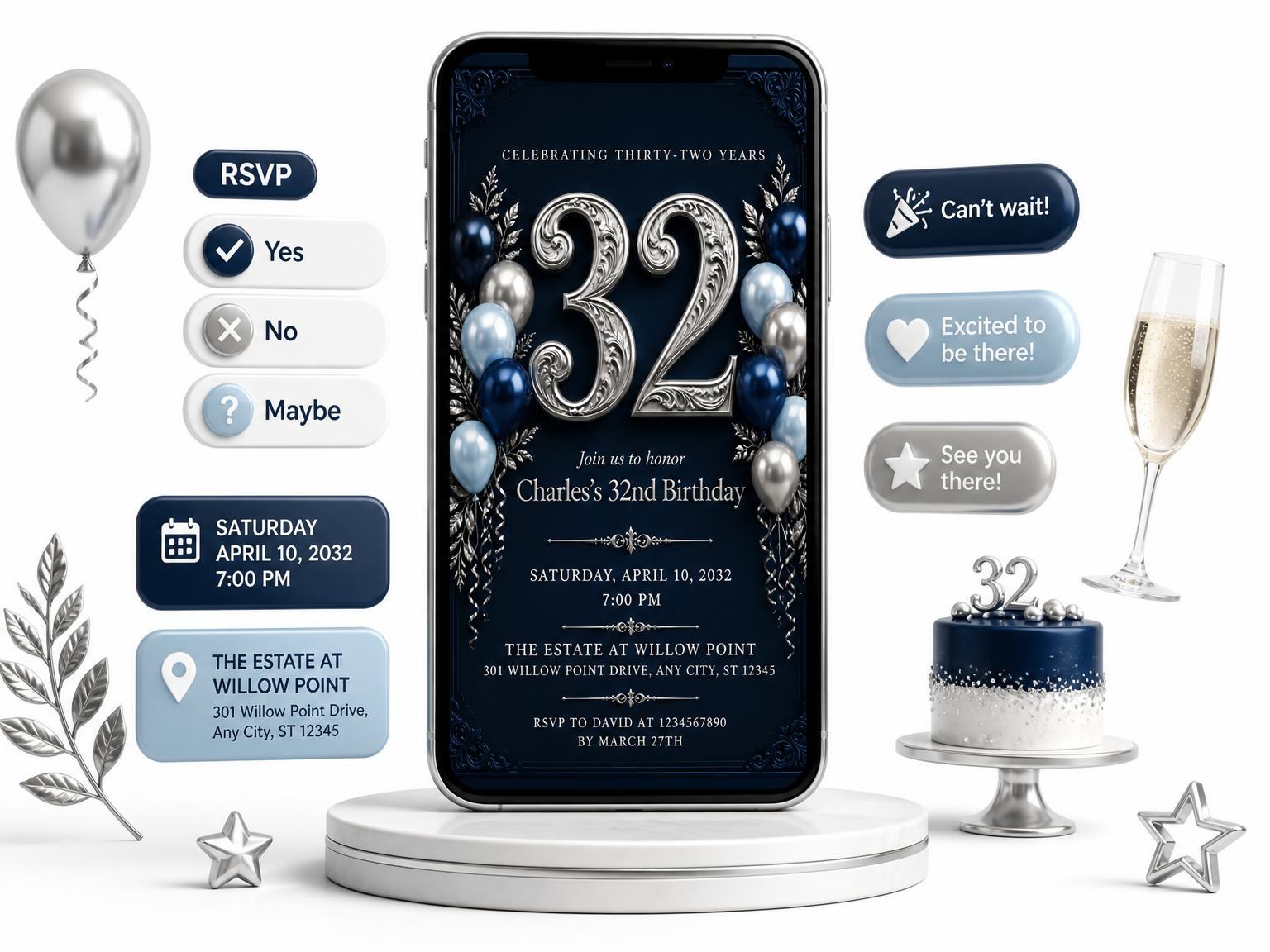 The Navy and Silver 32nd Birthday Invitation invitation on a phone, with guest RSVPs arriving around it