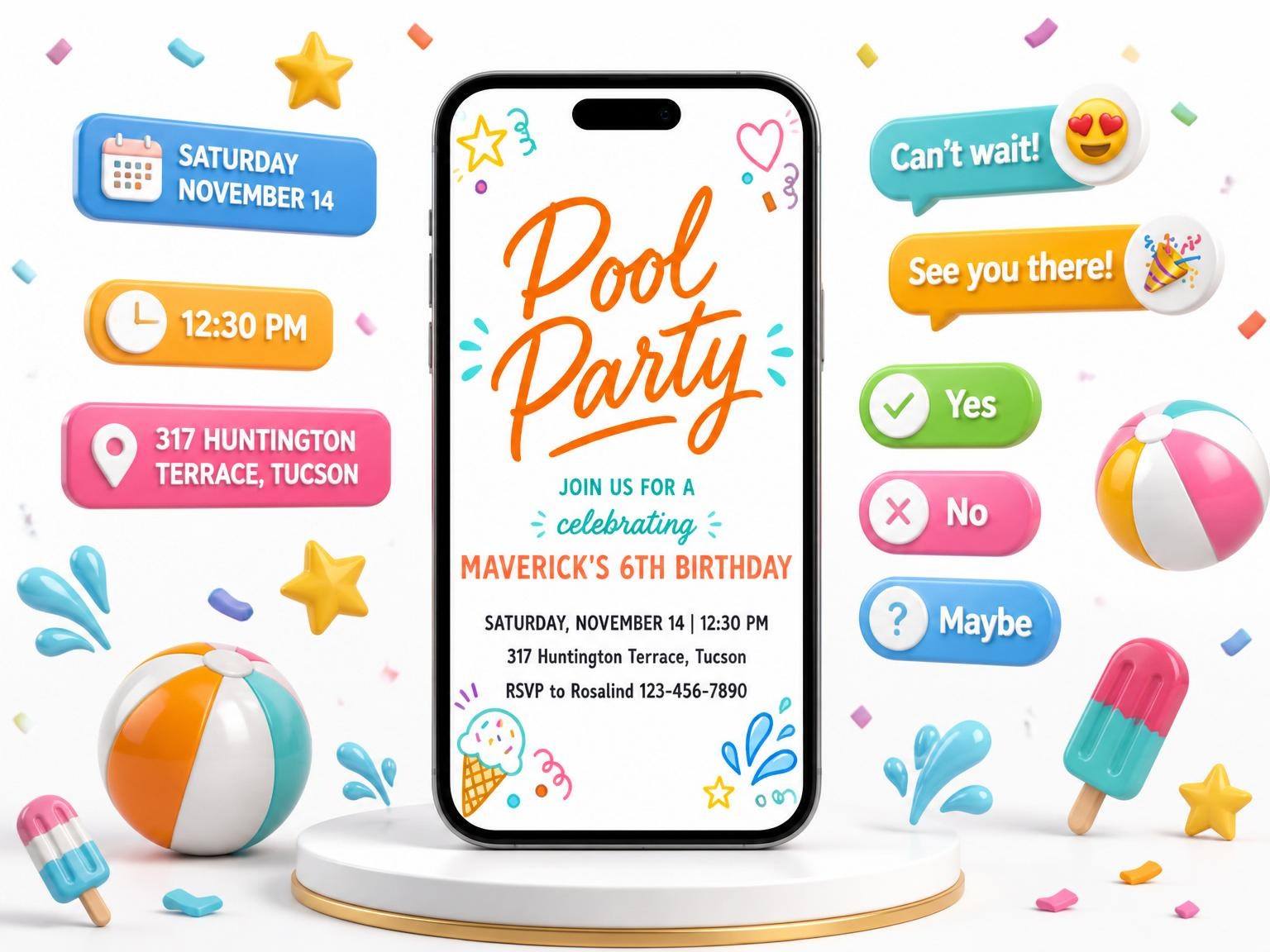 The Colorful Doodle Pool 6th Birthday Party invitation on a phone, with guest RSVPs arriving around it