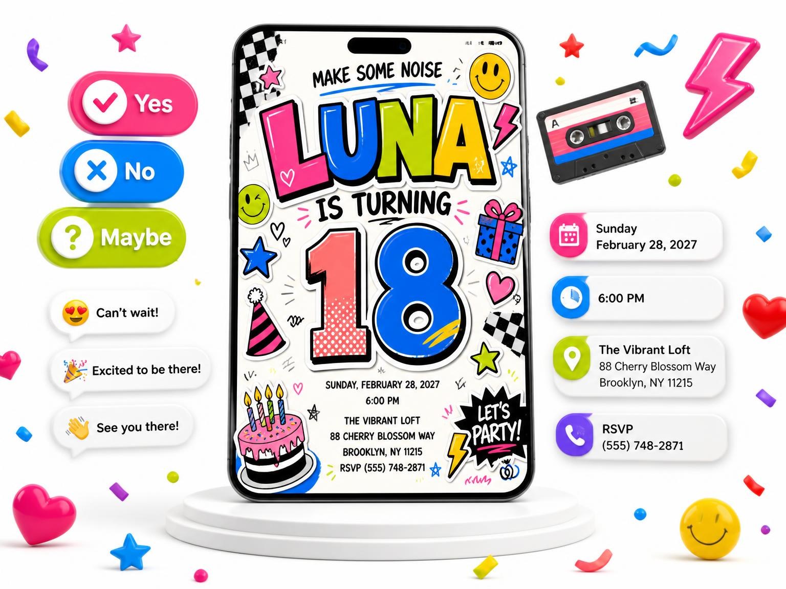 The Sticker Pop 18th Birthday Invitation invitation on a phone, with guest RSVPs arriving around it