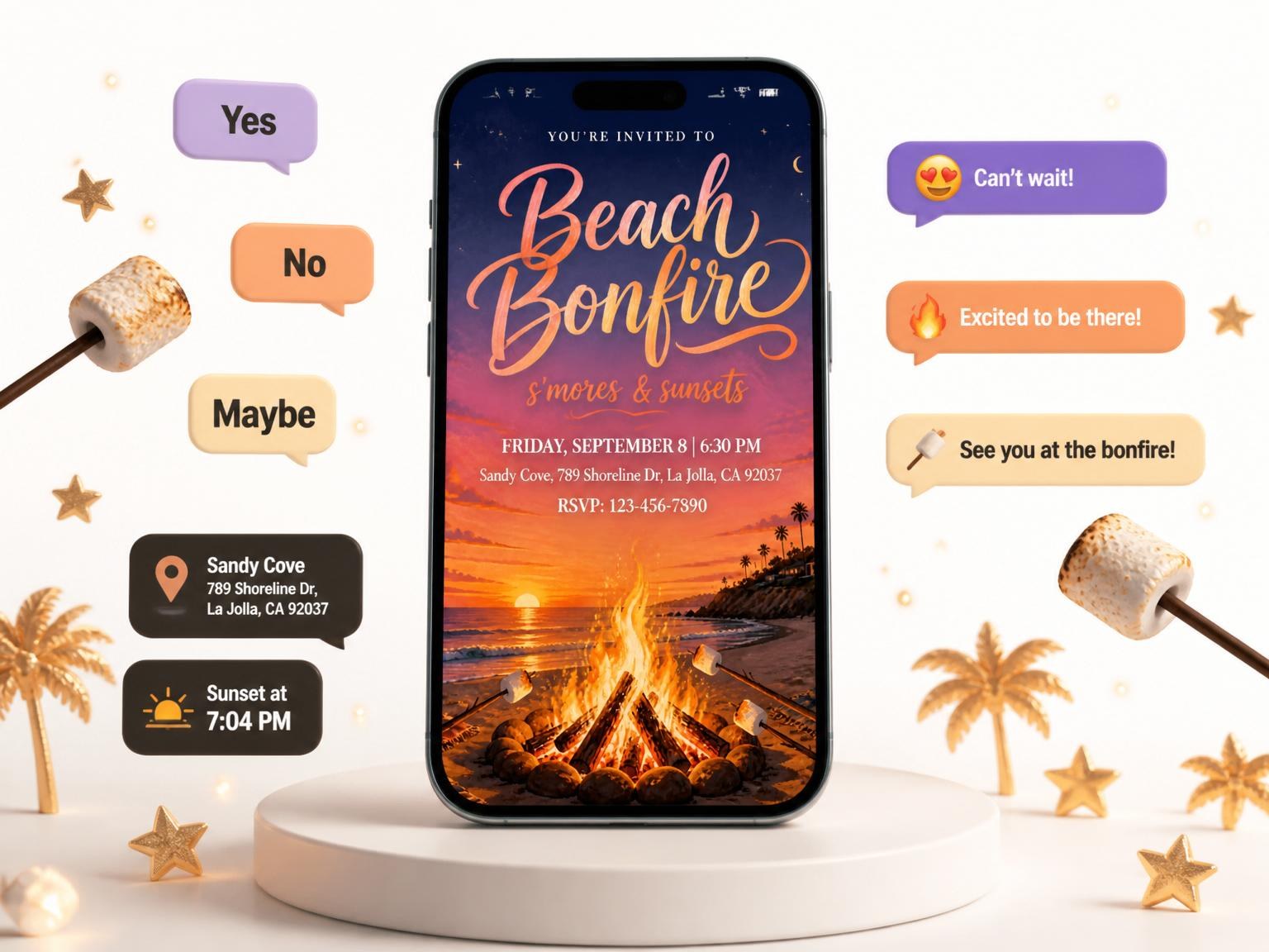 The Sunset Beach Bonfire Party Invitation invitation on a phone, with guest RSVPs arriving around it