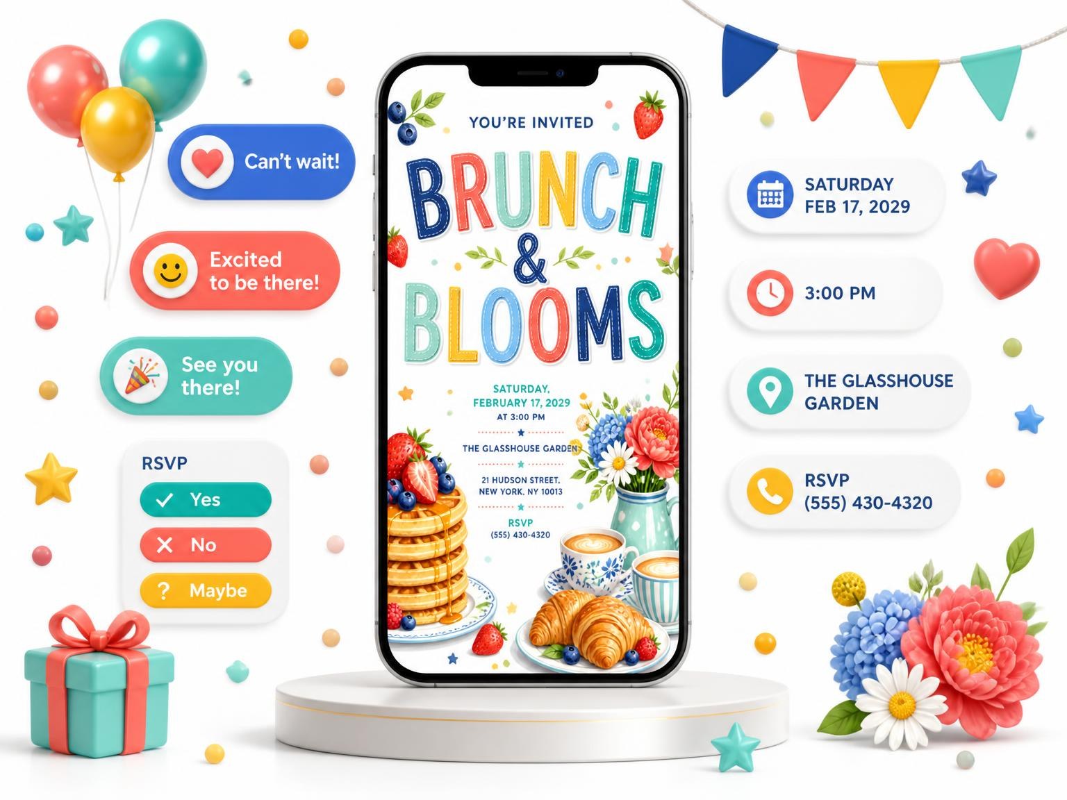 The Waffle Stack Brunch Invitation invitation on a phone, with guest RSVPs arriving around it