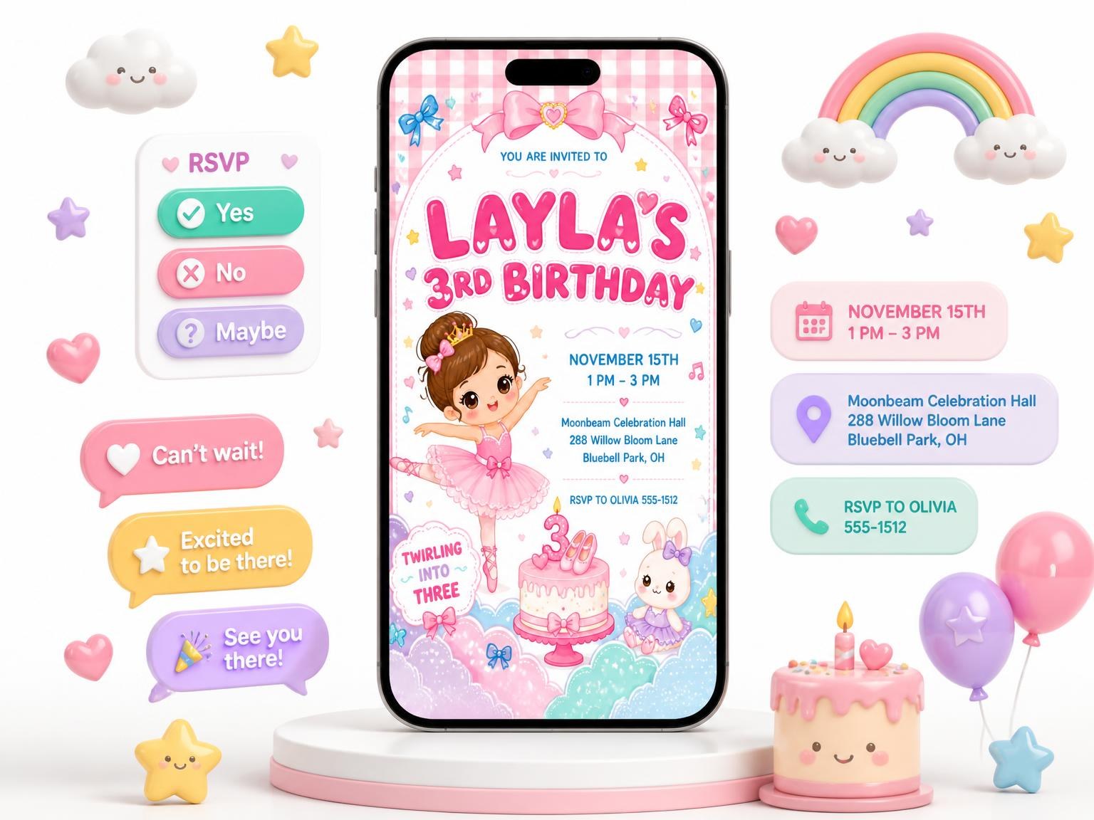 The Kawaii Ballerina Bunny 3rd Birthday Invitation invitation on a phone, with guest RSVPs arriving around it