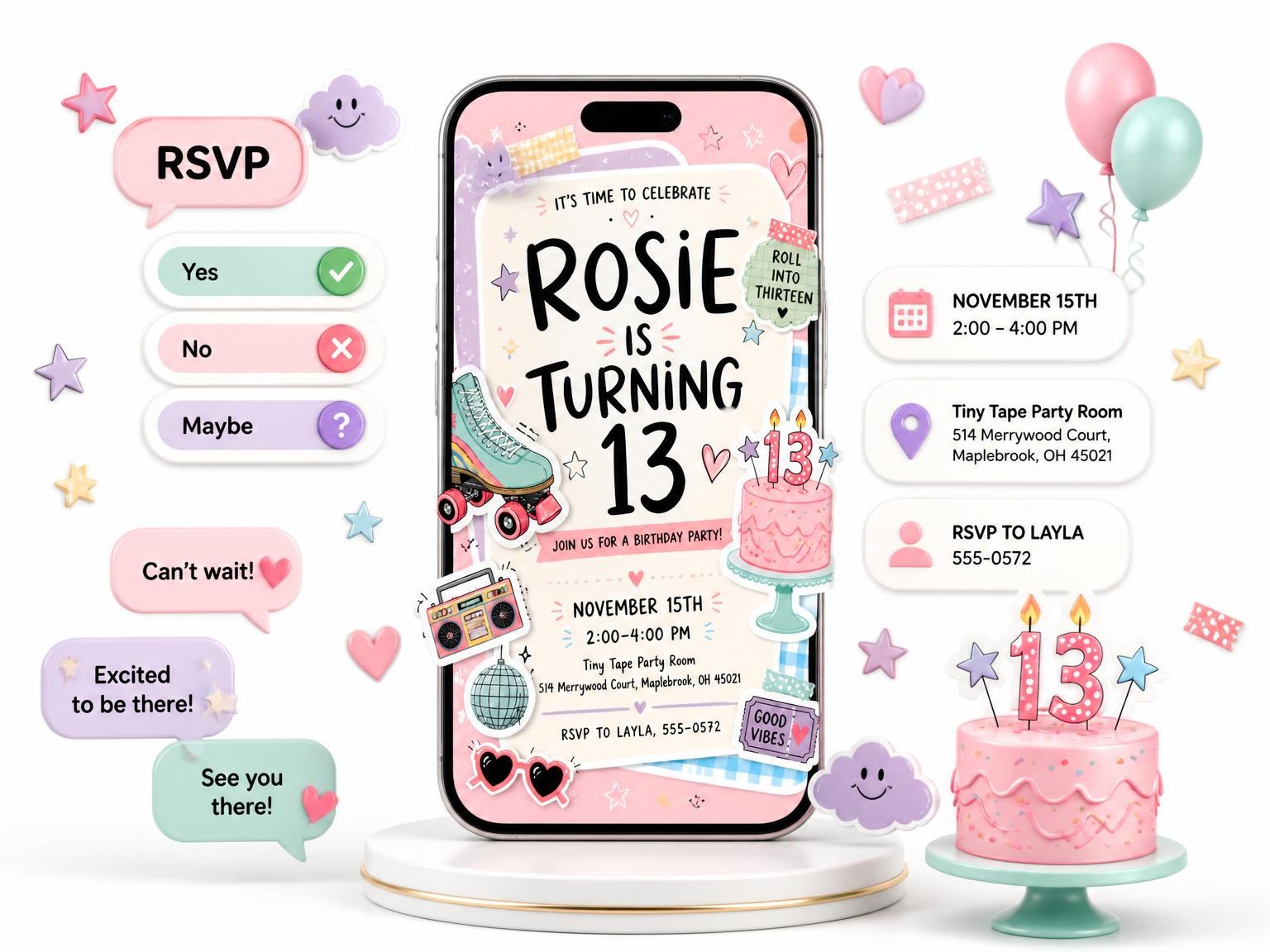 The Roller Skate Pastel 13th Birthday Invitation invitation on a phone, with guest RSVPs arriving around it
