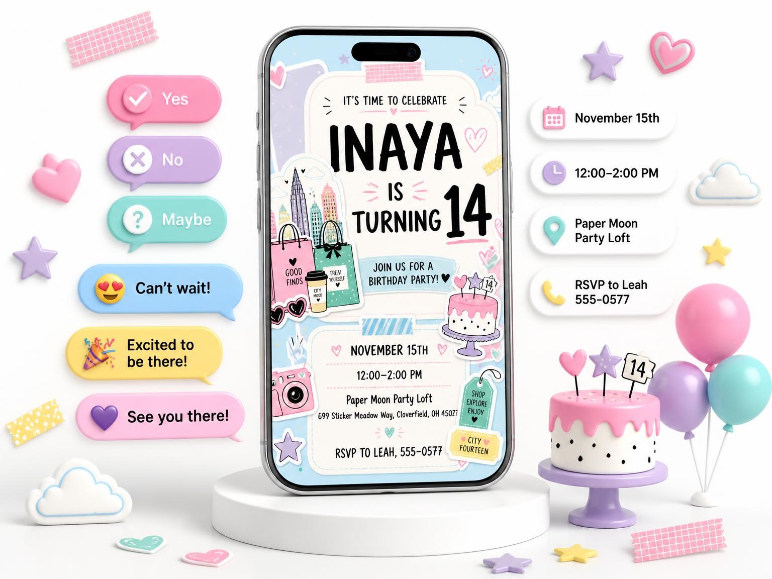 The Shopping Bags Pastel 14th Birthday Invitation invitation on a phone, with guest RSVPs arriving around it