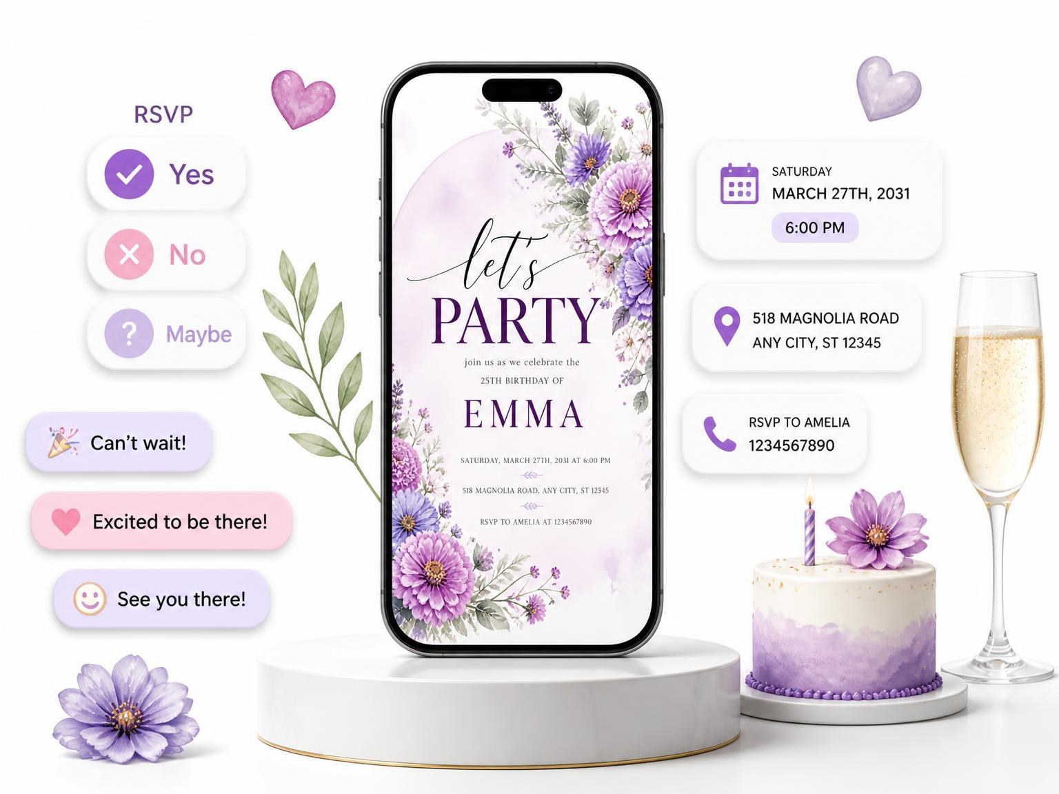 The Arch Wash Lavender 25th Birthday Invitation invitation on a phone, with guest RSVPs arriving around it