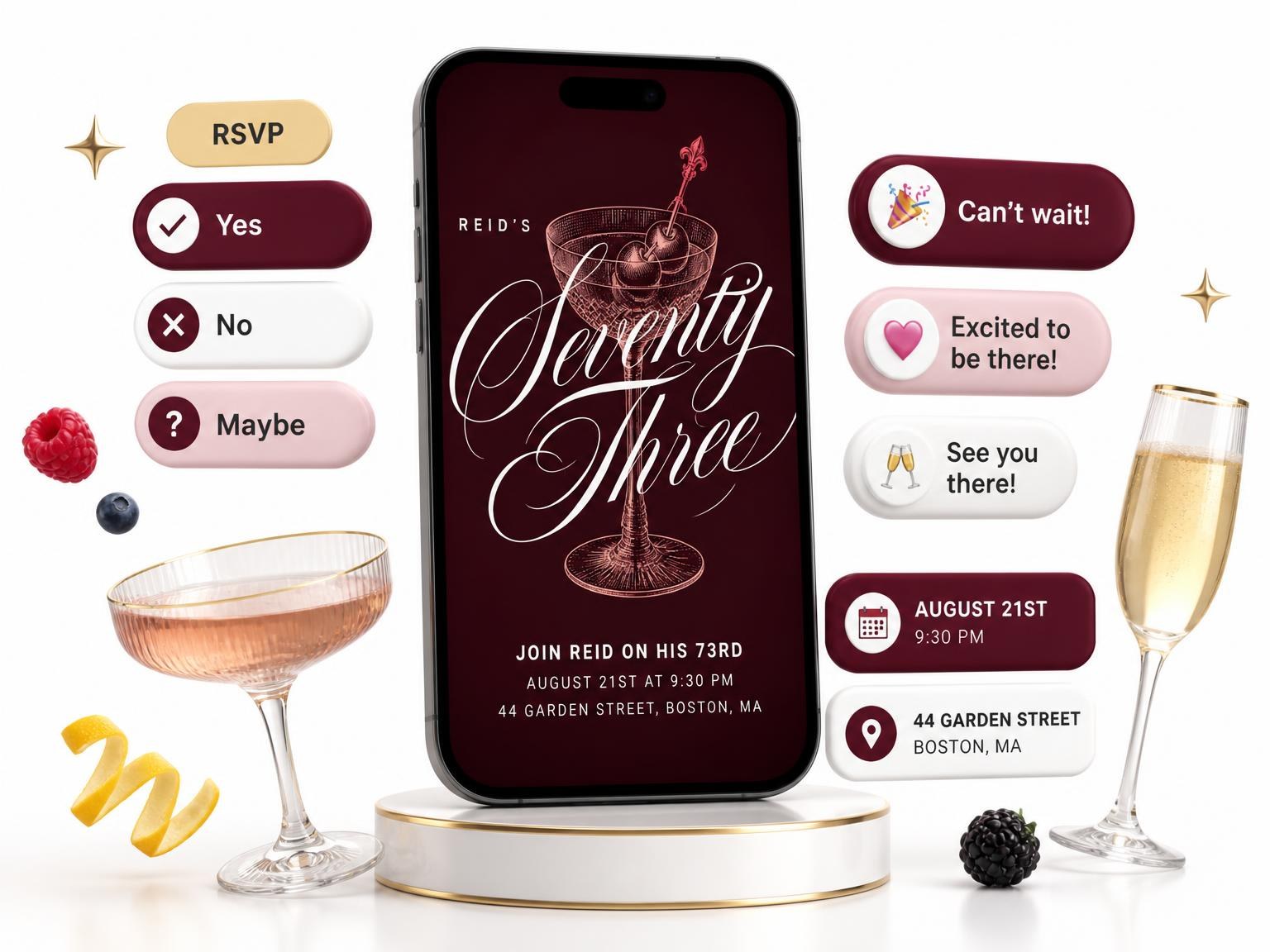 The Burgundy Cocktail 73rd Birthday Invitation invitation on a phone, with guest RSVPs arriving around it