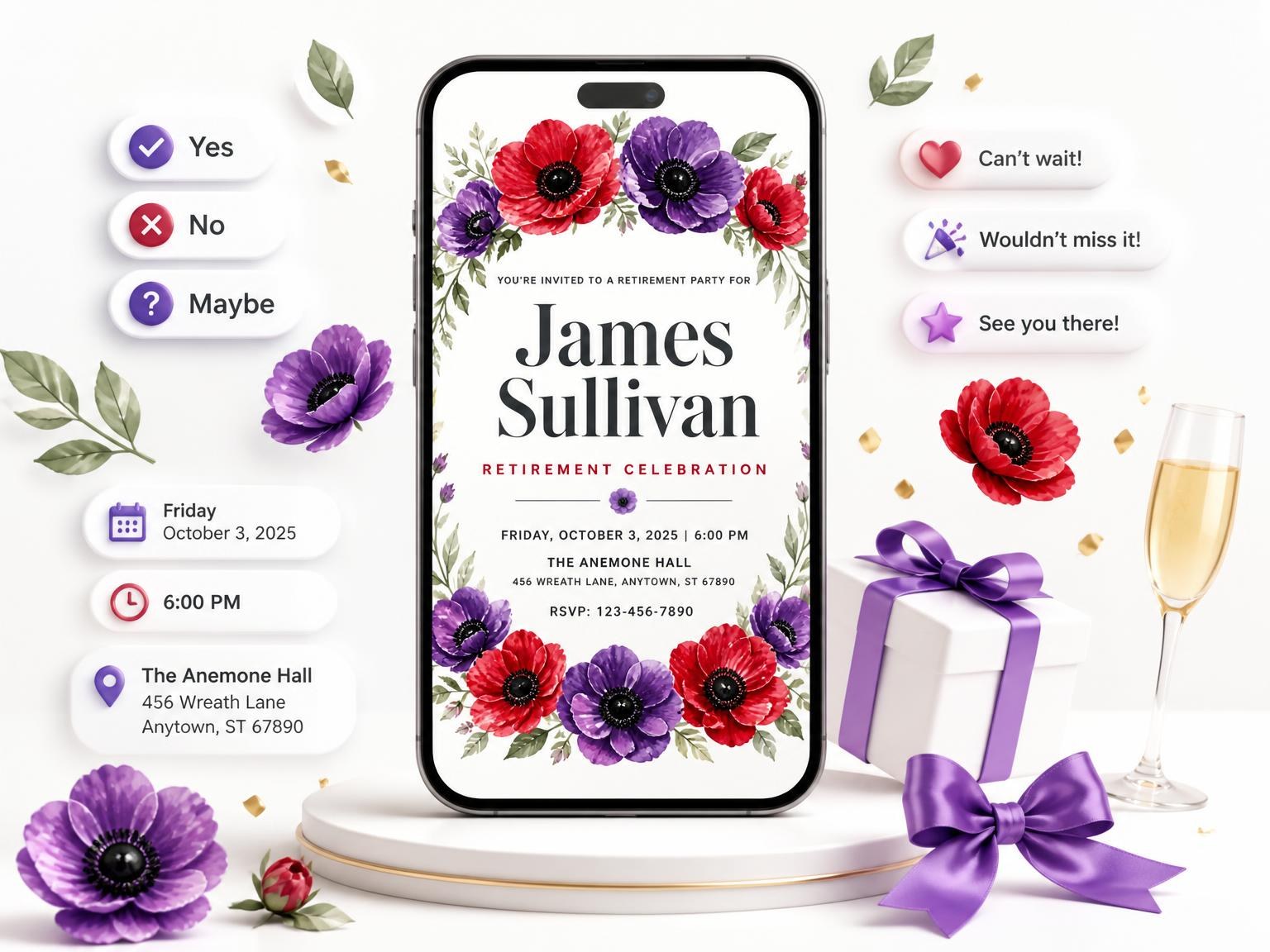 The Anemone Wreath Retirement Party Invitation invitation on a phone, with guest RSVPs arriving around it