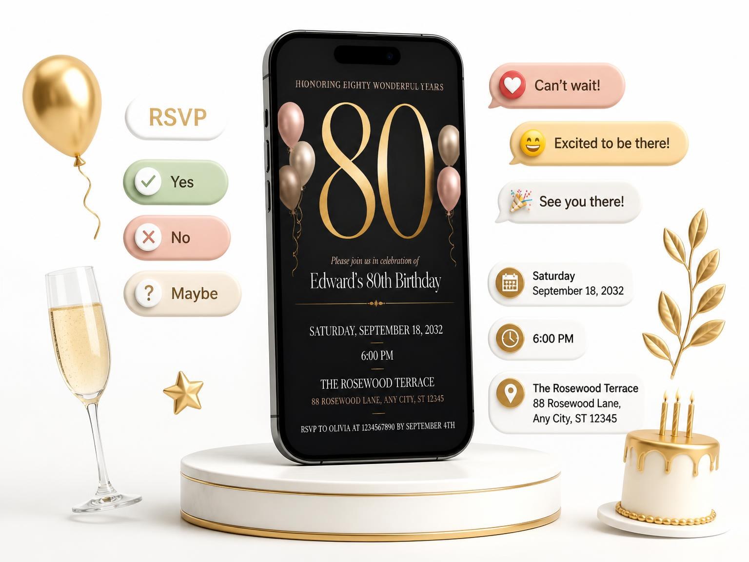 The Charcoal and Blush 80th Birthday Invitation invitation on a phone, with guest RSVPs arriving around it