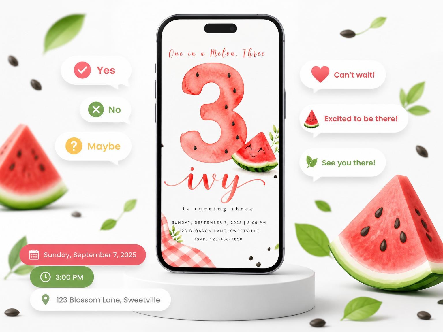 The Watercolor Watermelon Slice 3rd Birthday invitation on a phone, with guest RSVPs arriving around it