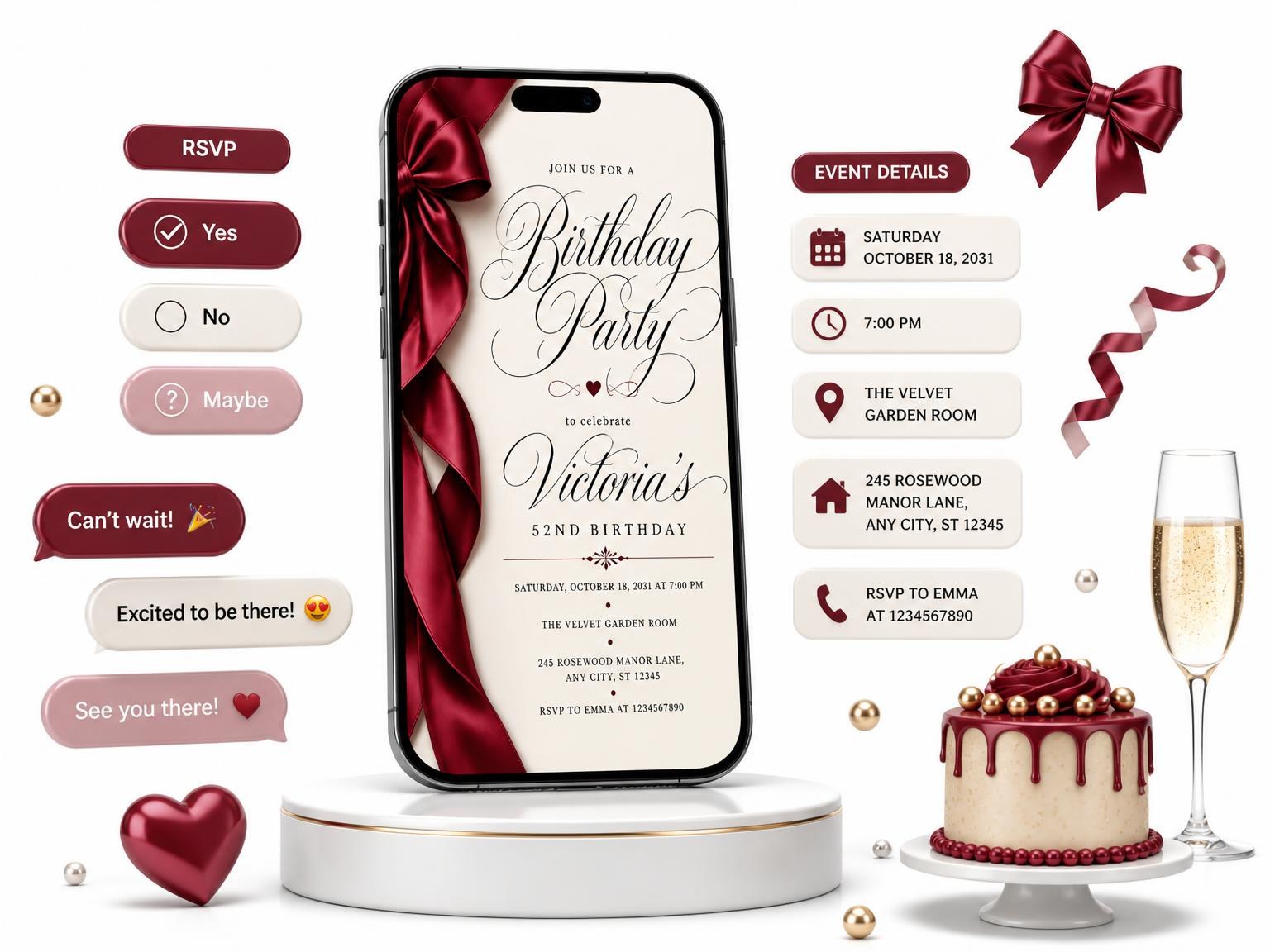 The Burgundy Satin Bow 52nd Birthday Invitation invitation on a phone, with guest RSVPs arriving around it