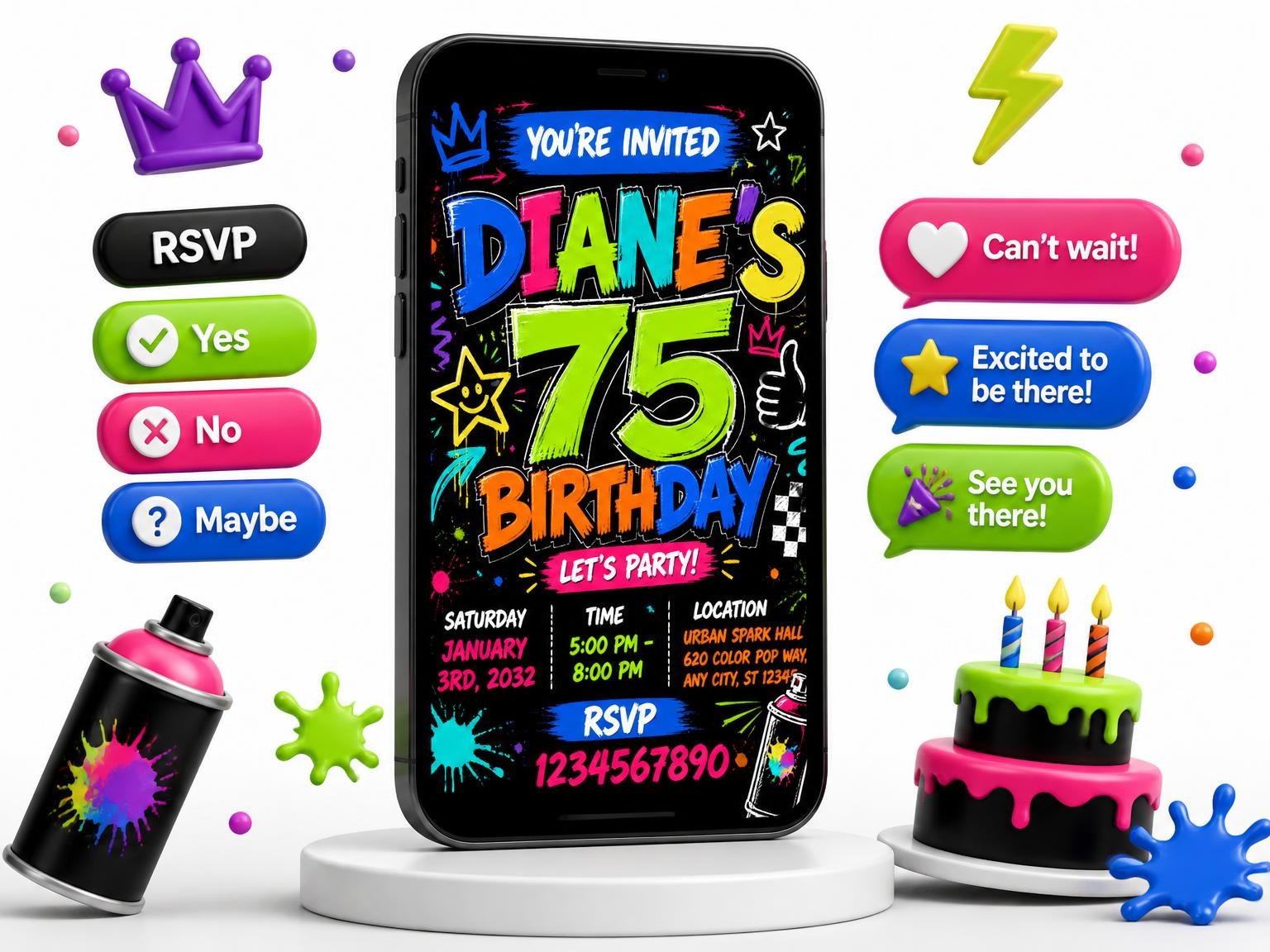 The Graffiti Street Art 75th Birthday Invitation invitation on a phone, with guest RSVPs arriving around it
