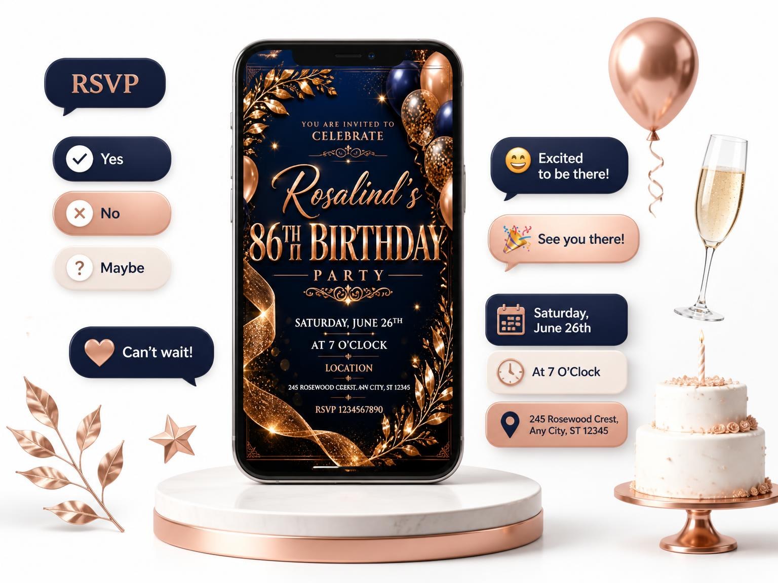 The Navy and Rose Gold 86th Birthday Invitation invitation on a phone, with guest RSVPs arriving around it