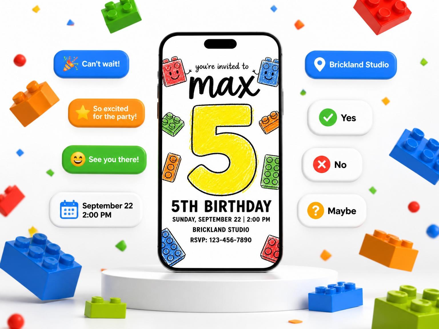 The Crayon Sketch Brick 5th Birthday invitation on a phone, with guest RSVPs arriving around it