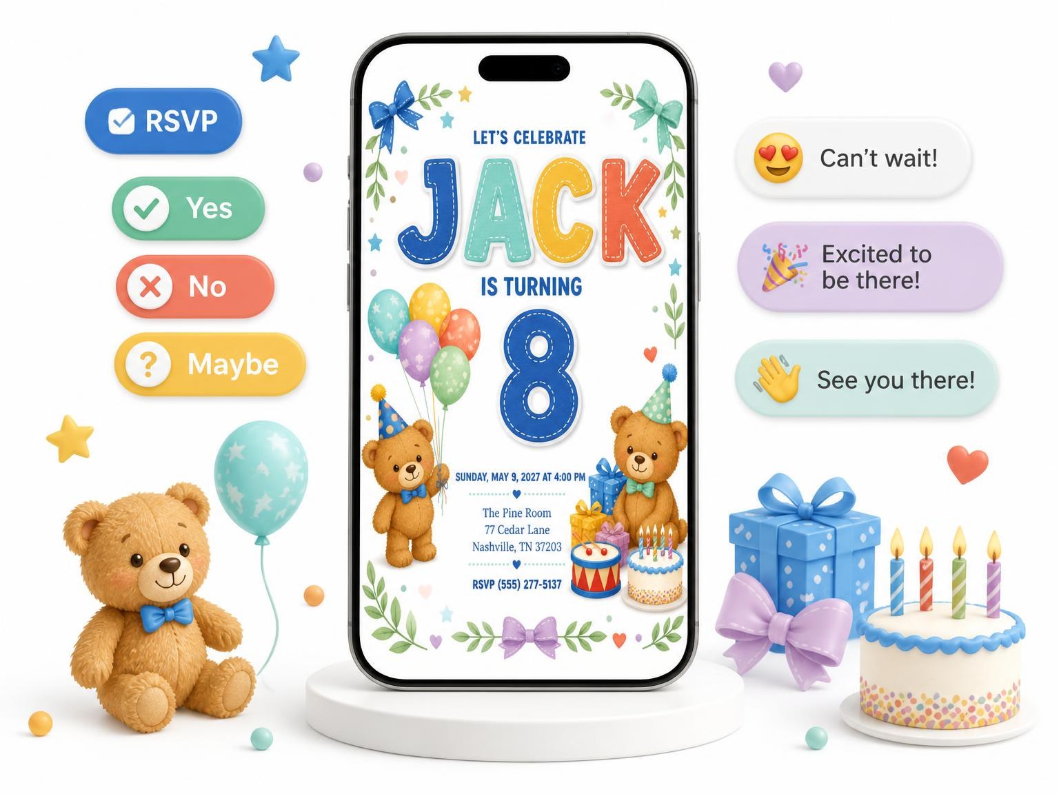 The Stitched Teddy Bear 8th Birthday Invitation invitation on a phone, with guest RSVPs arriving around it