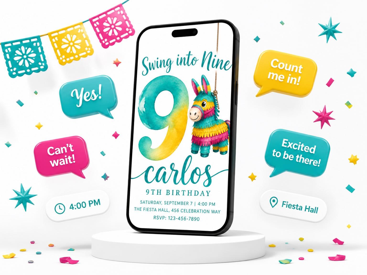 The Watercolor Piñata 9th Birthday Invite invitation on a phone, with guest RSVPs arriving around it